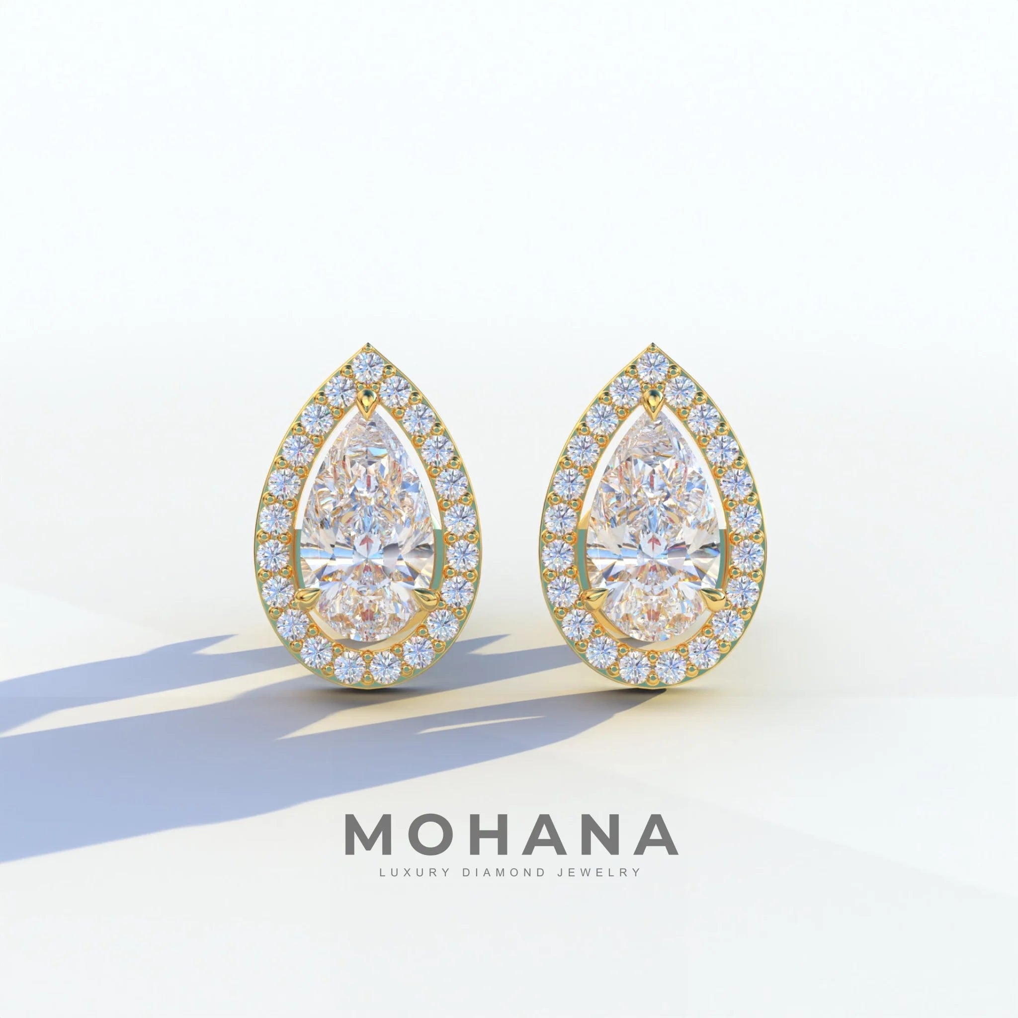 3 Carat Pear Cut Lab Diamond Stud Earrings | Halo Setting - Kelly - 10K Solid Gold / Yellow Gold