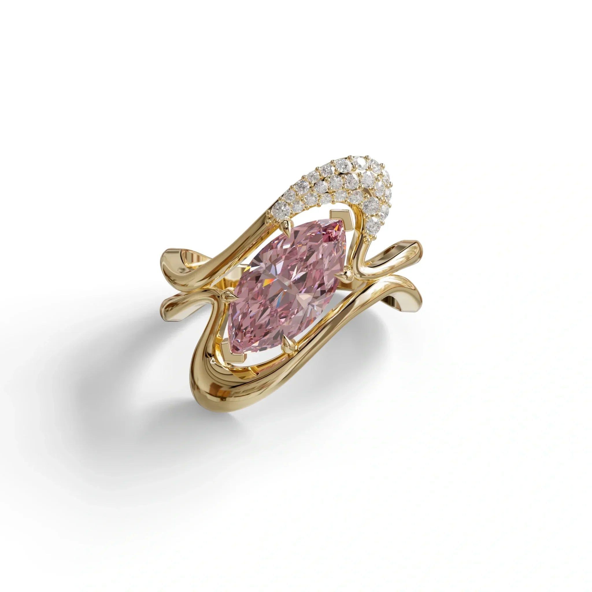 3 Carat Marquise Cut Pink Lab Diamond Curve Ring - Myka - 10K Solid Gold / Yellow Gold