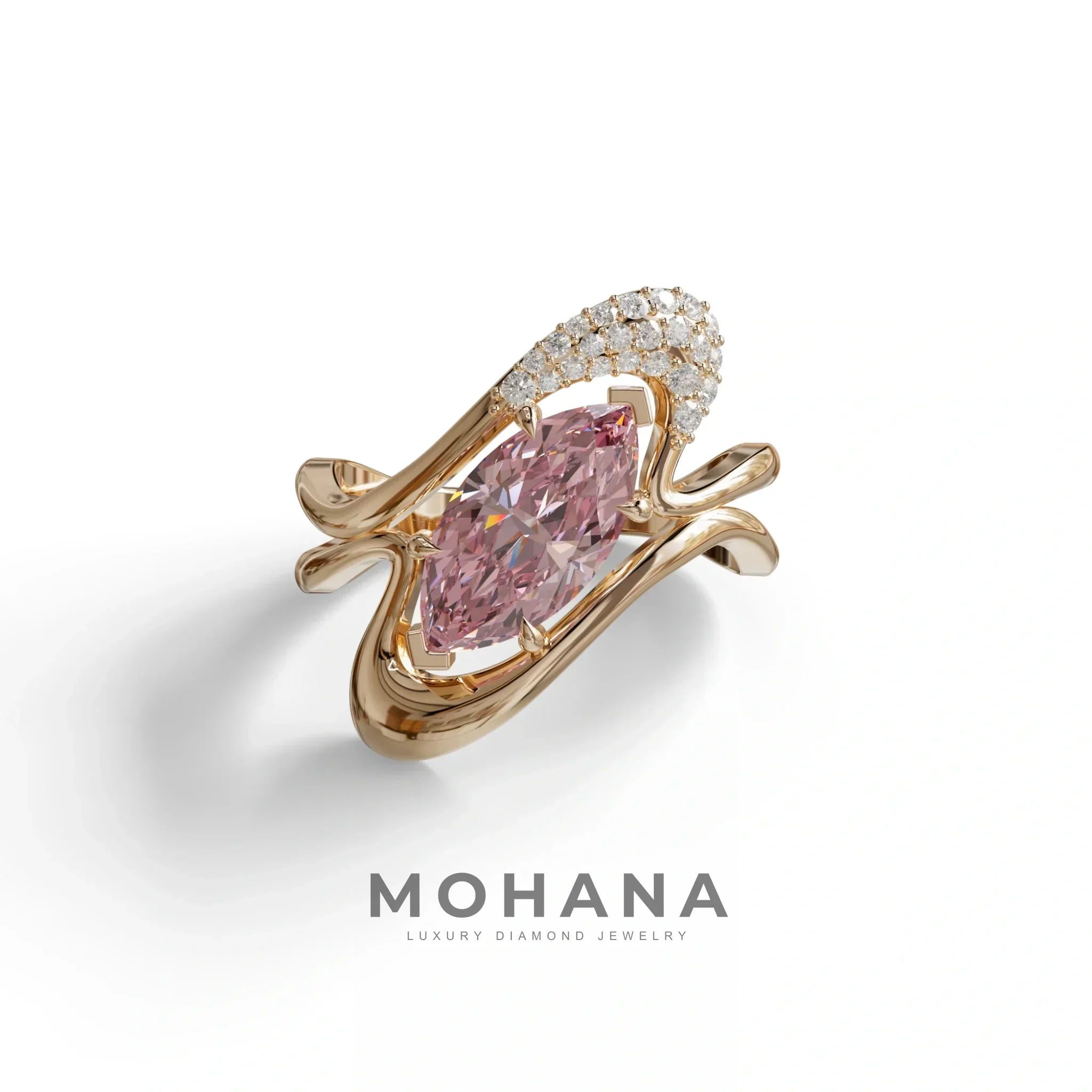 3 Carat Marquise Cut Pink Lab Diamond Curve Ring - Myka - 10K Solid Gold / Rose Gold