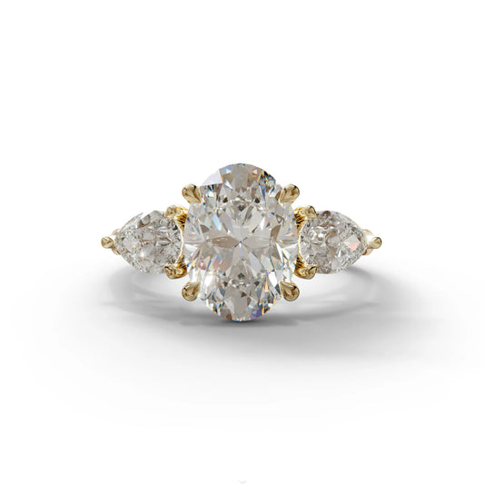 3 Carat Oval Cut Diamond Three Stone Engagement Ring – IGI Certified E VVS Lab Grown - 10K Solid Gold / Yellow Gold
