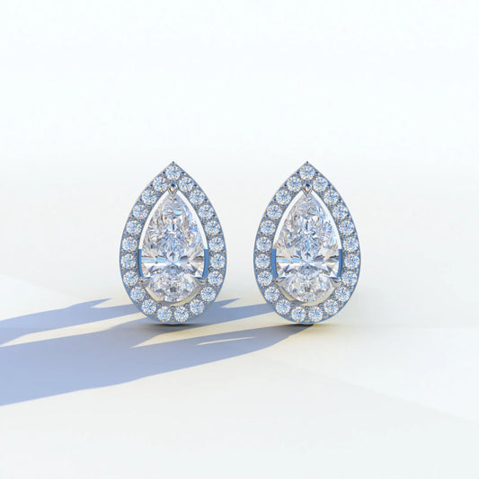 3 Carat Pear Cut Lab Diamond Stud Earrings | Halo Setting - Kelly - 10K Solid Gold / White Gold