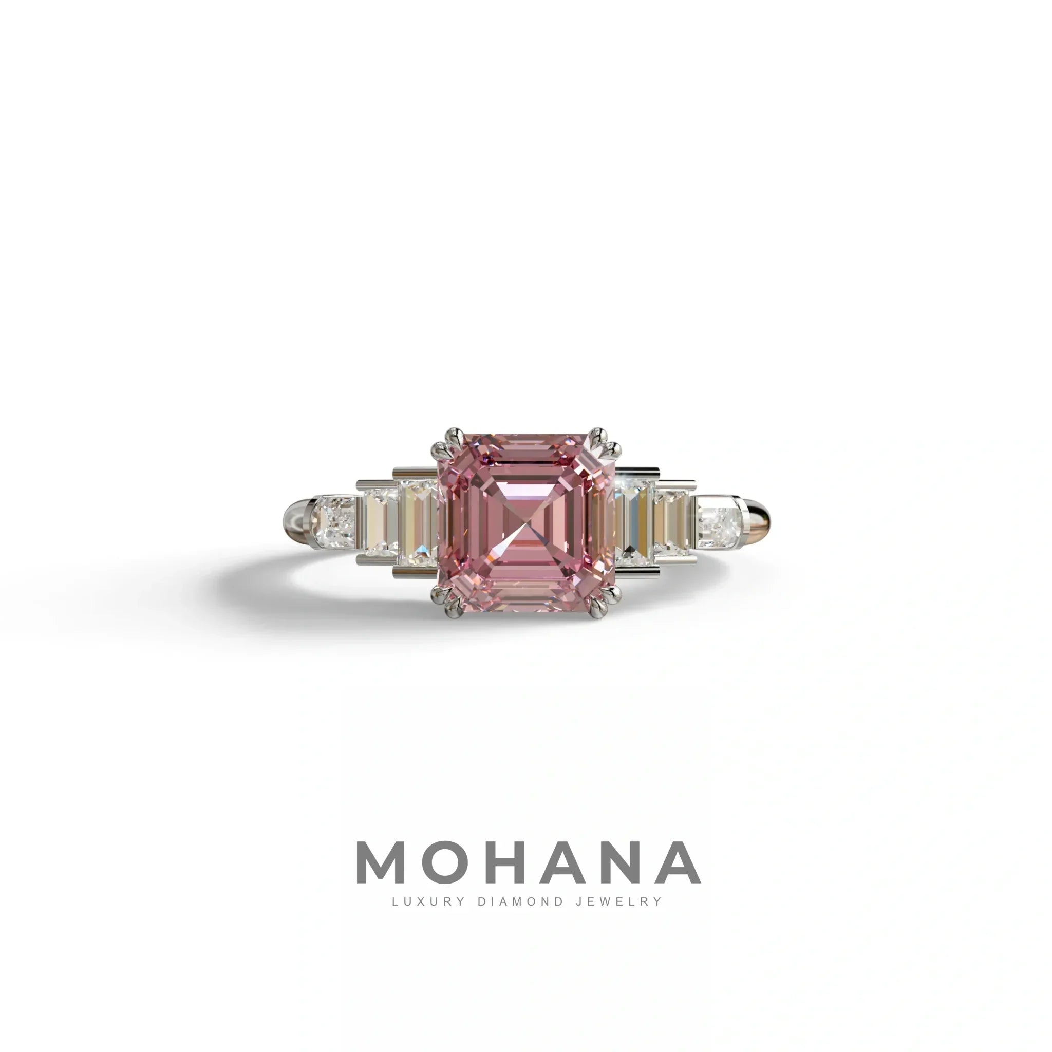 3 Carat Pink Asscher Three Stone Lab grown Diamond Ring - Vetra - 10K Solid Gold / White Gold