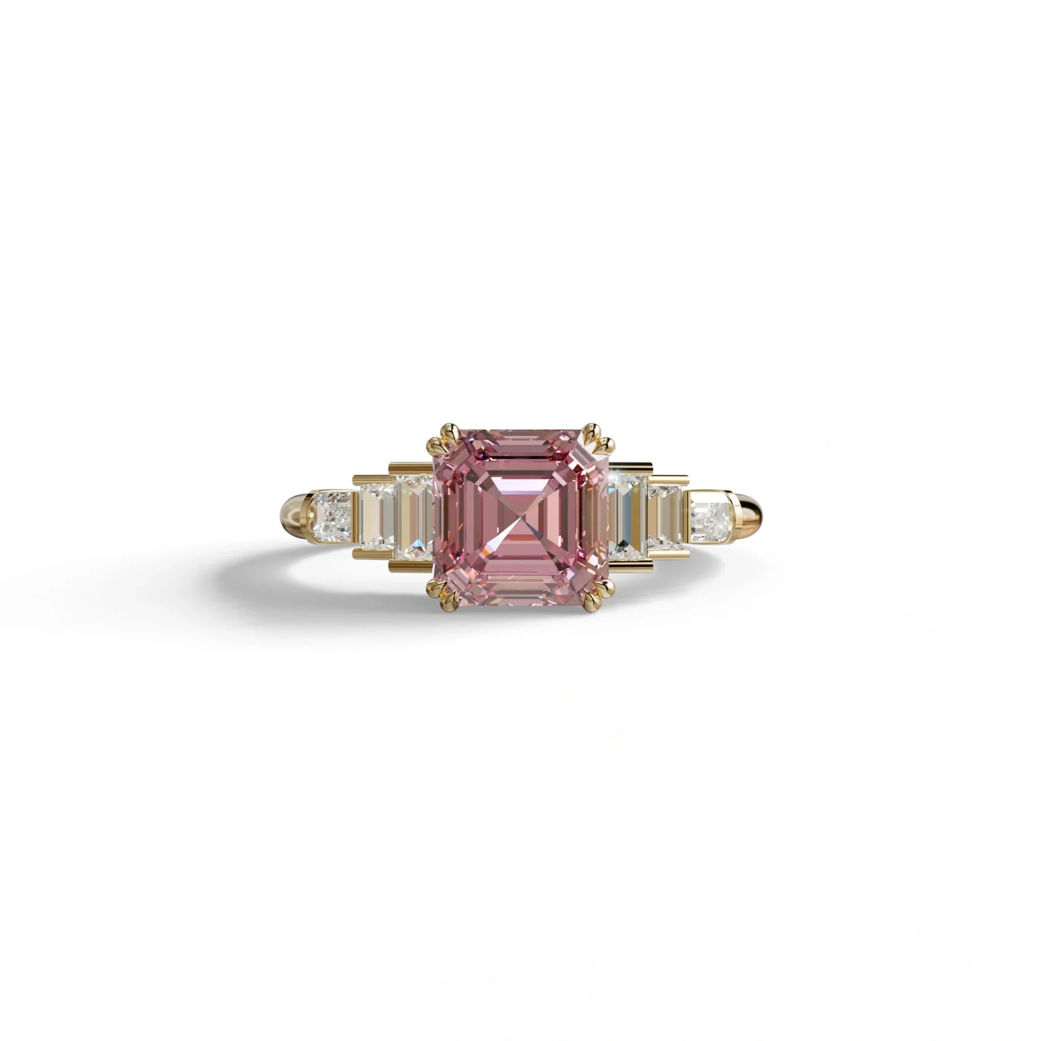 3 Carat Pink Asscher Three Stone Lab grown Diamond Ring - Vetra - 10K Solid Gold / Yellow Gold