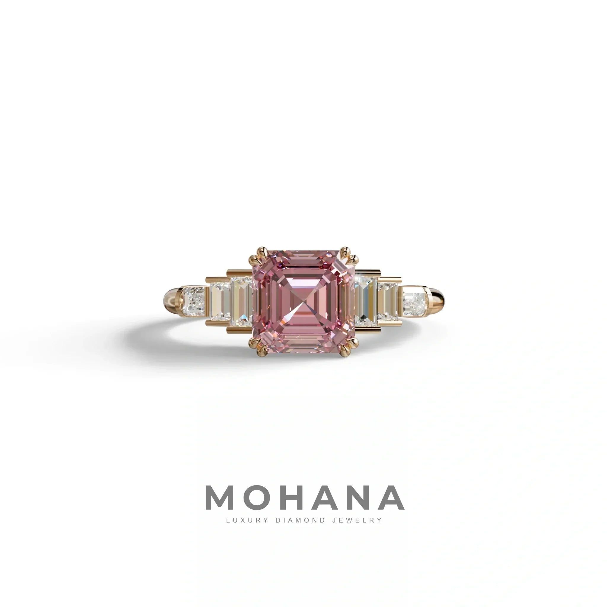 3 Carat Pink Asscher Three Stone Lab grown Diamond Ring - Vetra - 10K Solid Gold / Rose Gold