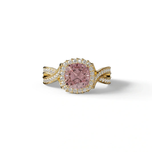 3 Carat Pink Cushion Cut Lab Grown Halo Diamond Engagement Ring - Odessa - 10K Solid Gold / Yellow Gold