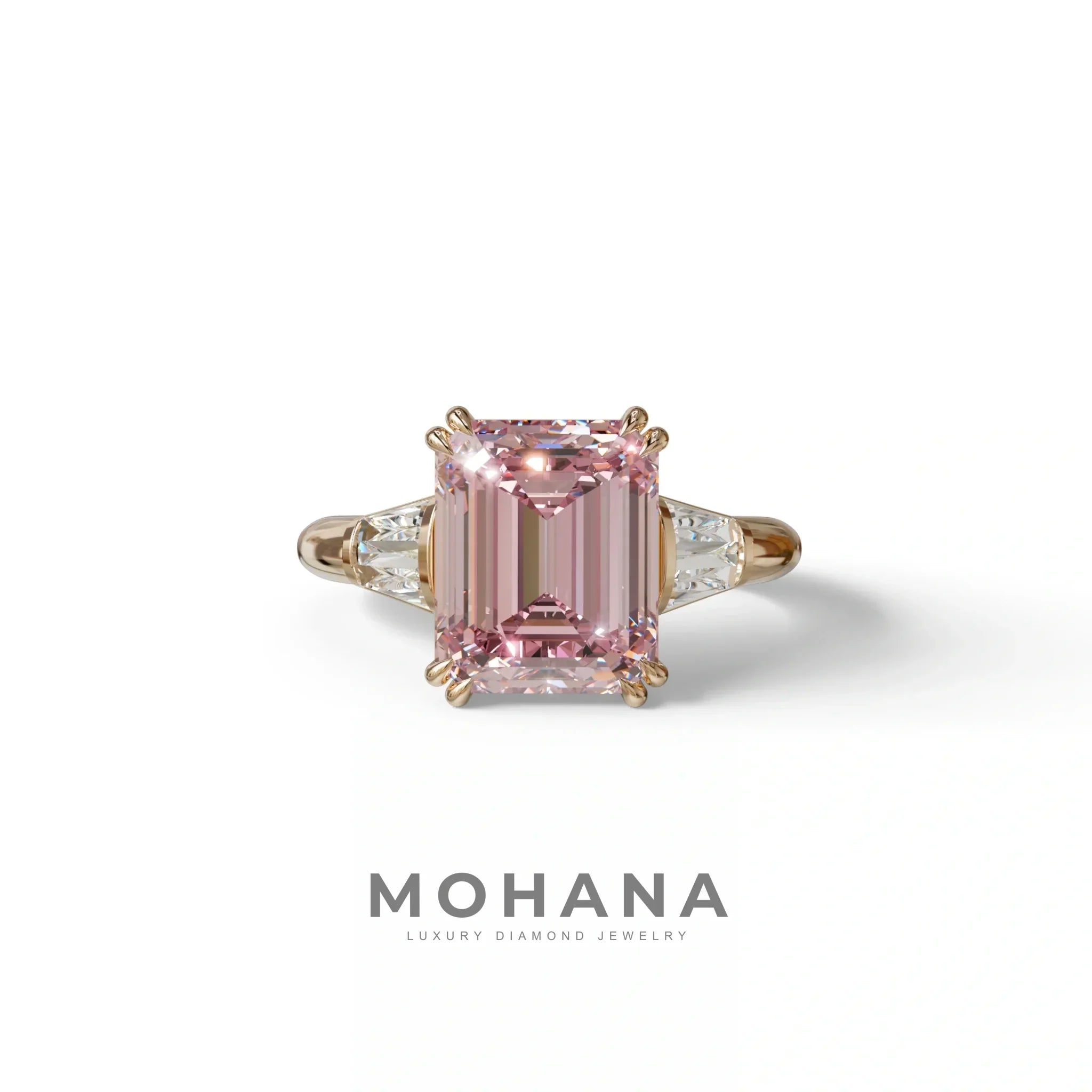 3 Carat Pink Emerald & Baguette Cut Multi Stone Lab Diamond Ring - Lami - 10K Solid Gold / Rose Gold