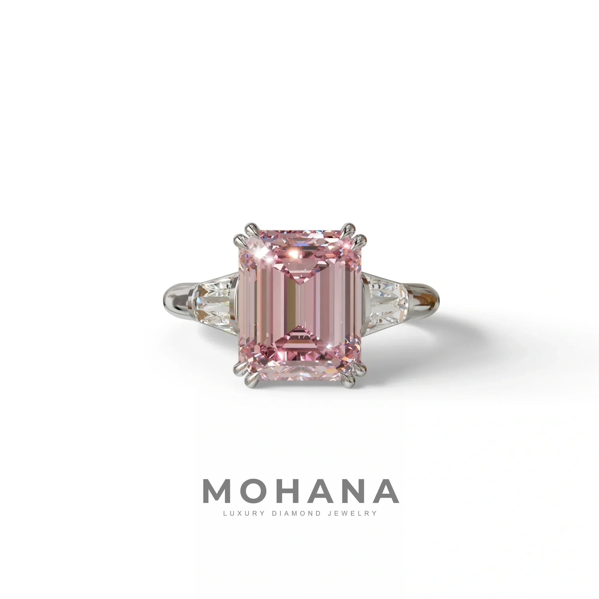 3 Carat Pink Emerald & Baguette Cut Multi Stone Lab Diamond Ring - Lami - 10K Solid Gold / White Gold