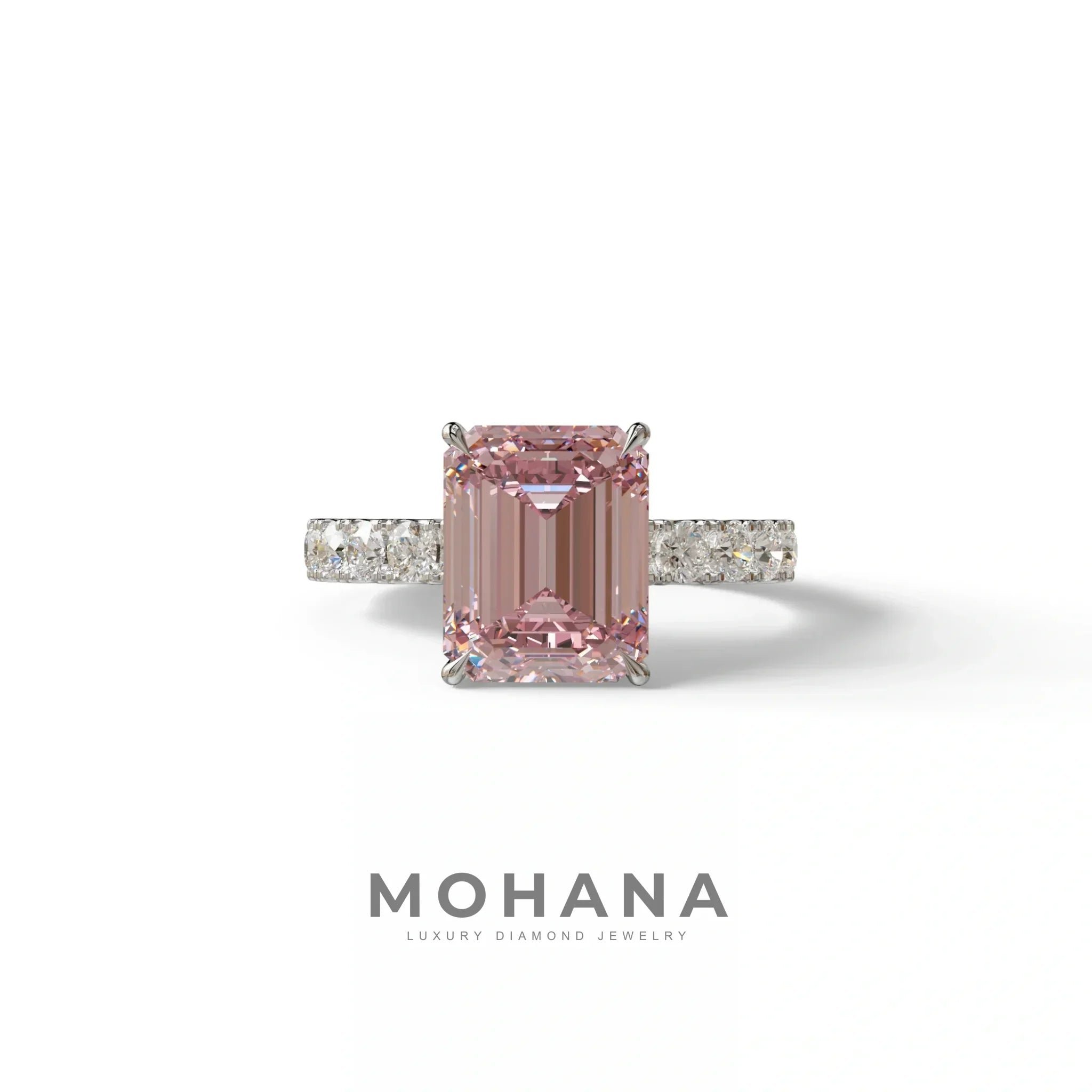 3 Carat Pink Emerald Cut Hidden Halo Lab Diamond Engagement Ring - Luminary - 10K Solid Gold / White Gold