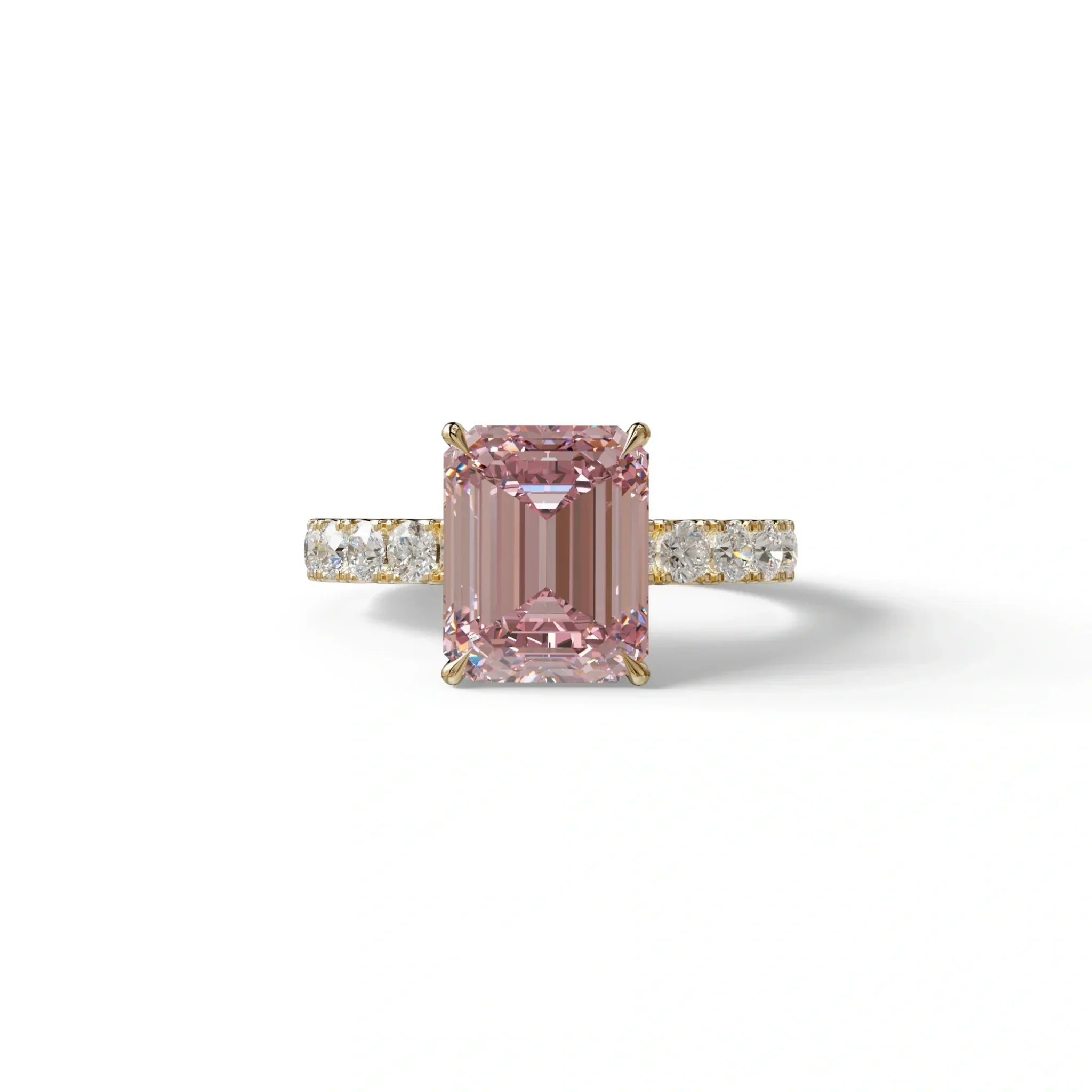 3 Carat Pink Emerald Cut Hidden Halo Lab Diamond Engagement Ring - Luminary - 10K Solid Gold / Yellow Gold