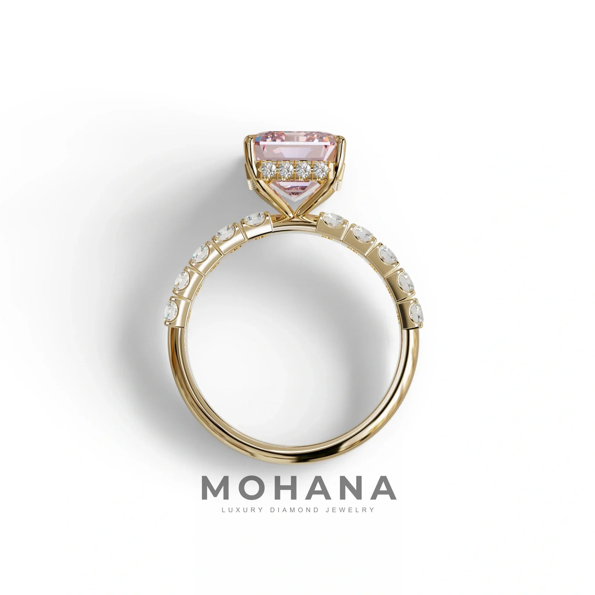 3 Carat Pink Emerald Cut Hidden Halo Lab Diamond Engagement Ring - Luminary