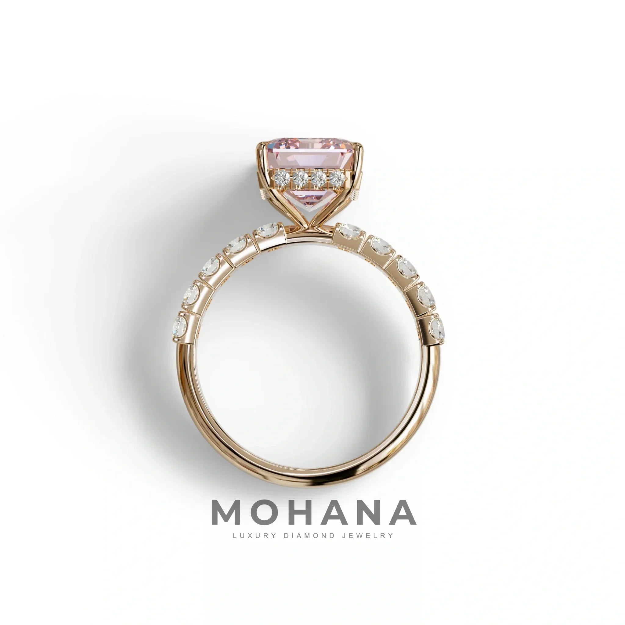 3 Carat Pink Emerald Cut Hidden Halo Lab Diamond Engagement Ring - Luminary