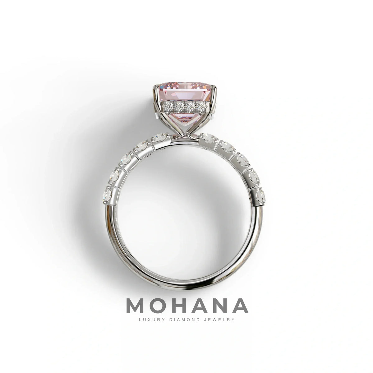 3 Carat Pink Emerald Cut Hidden Halo Lab Diamond Engagement Ring - Luminary