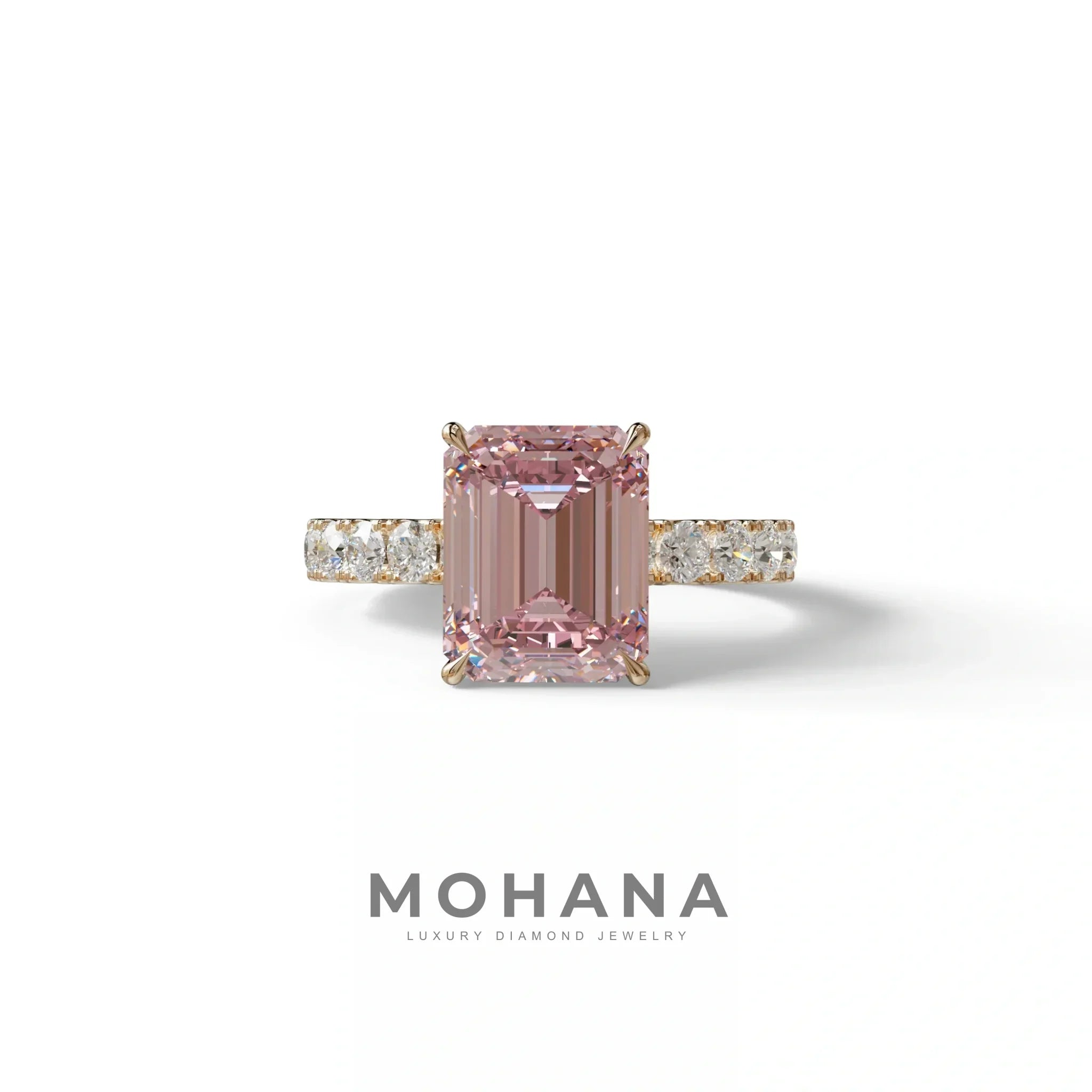 3 Carat Pink Emerald Cut Hidden Halo Lab Diamond Engagement Ring - Luminary - 10K Solid Gold / Rose Gold