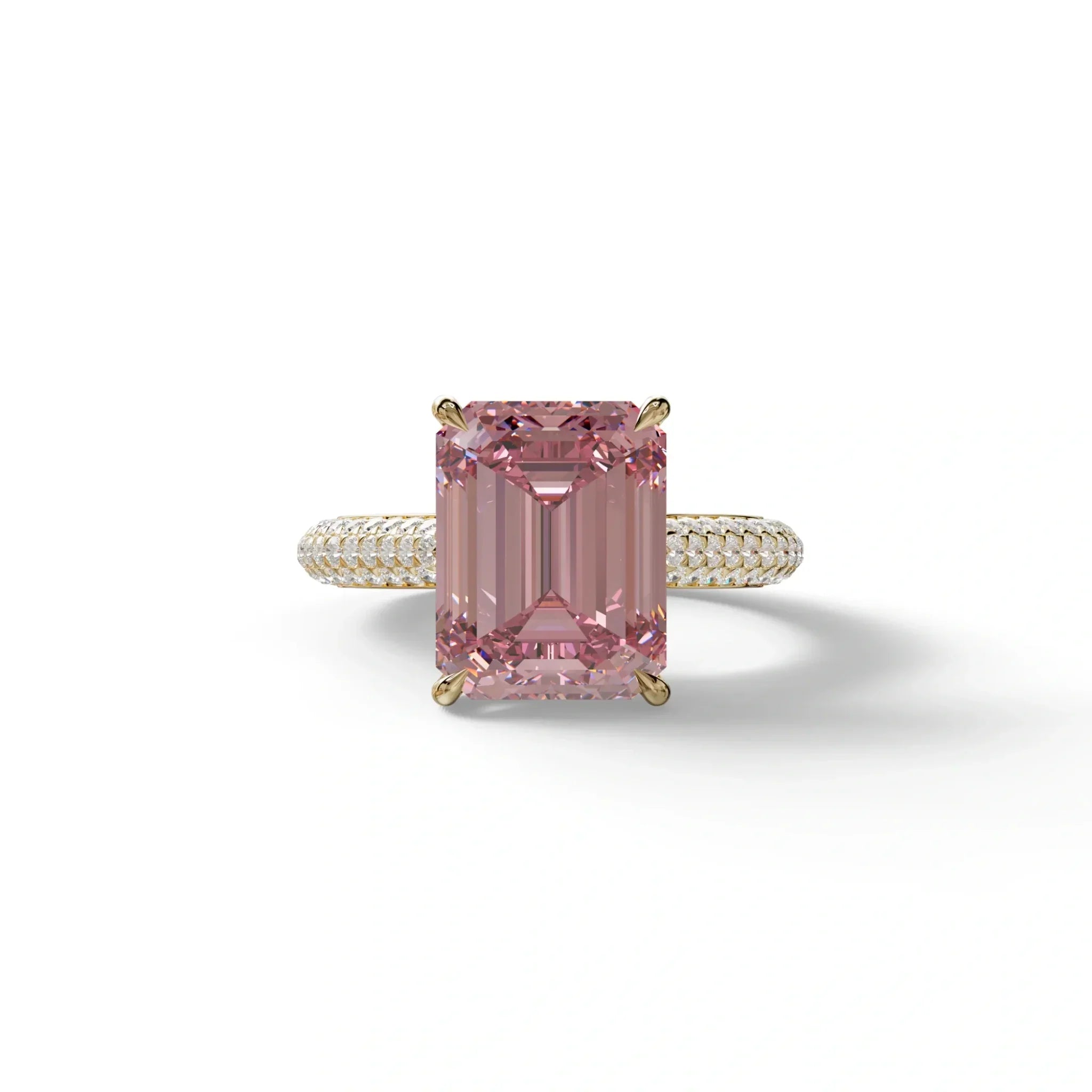 3 Carat Pink Emerald Cut Hidden Halo & Pave Set Lab Diamond Ring - Emme - 10K Solid Gold / Yellow Gold