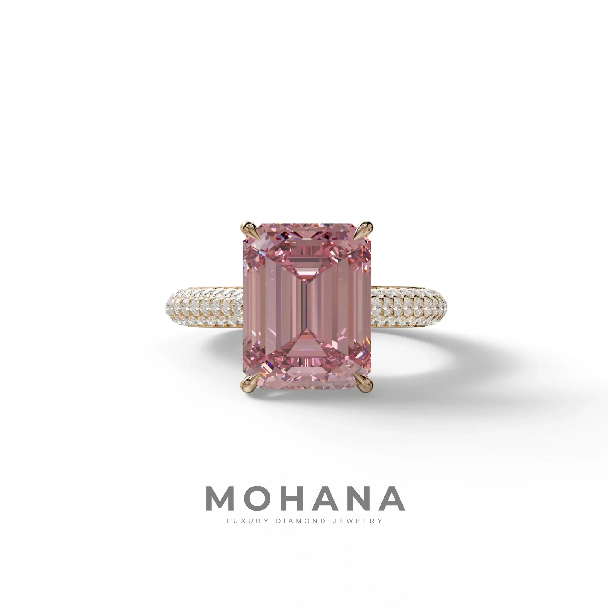 3 Carat Pink Emerald Cut Hidden Halo & Pave Set Lab Diamond Ring - Emme - 10K Solid Gold / Rose Gold