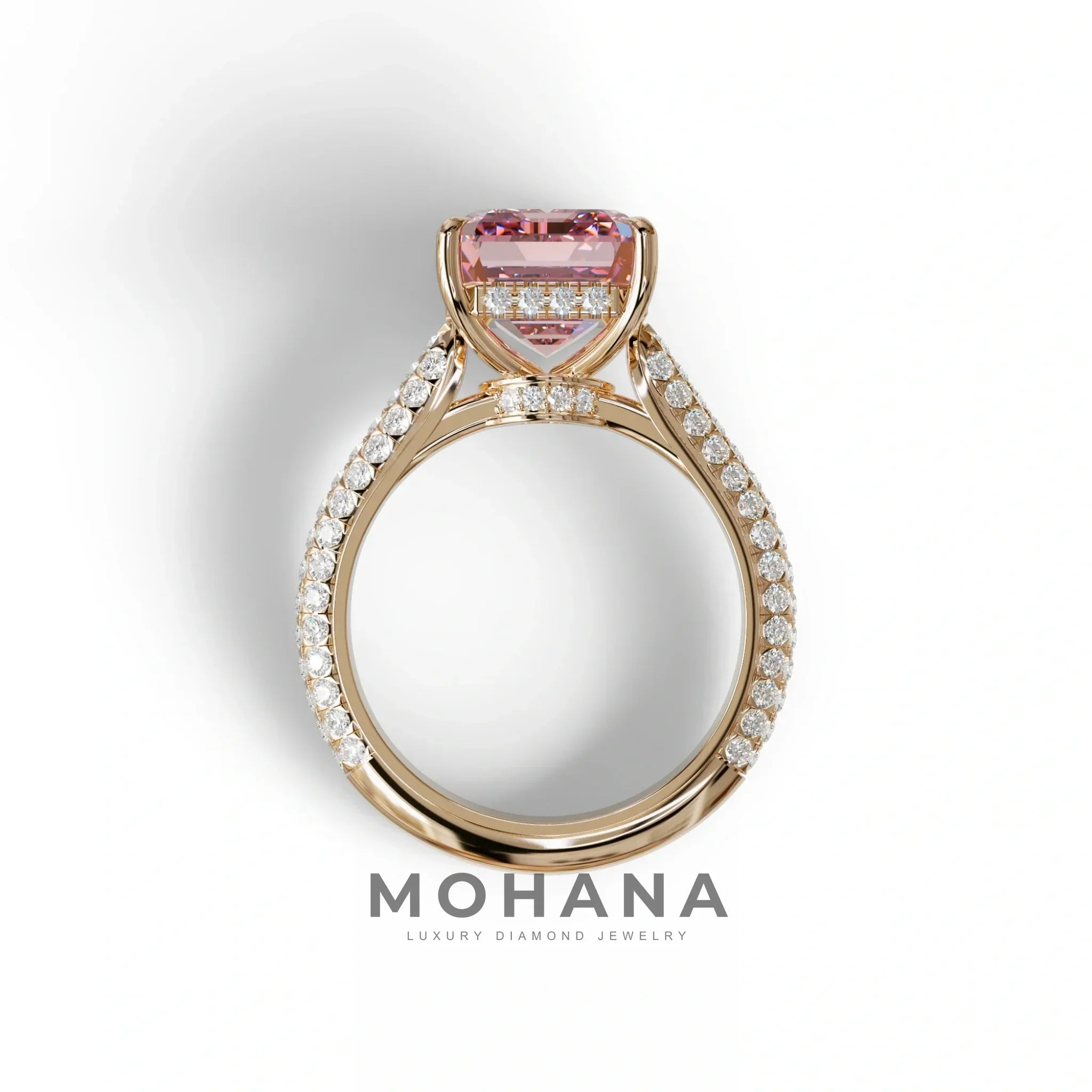 3 Carat Pink Emerald Cut Hidden Halo & Pave Set Lab Diamond Ring - Emme