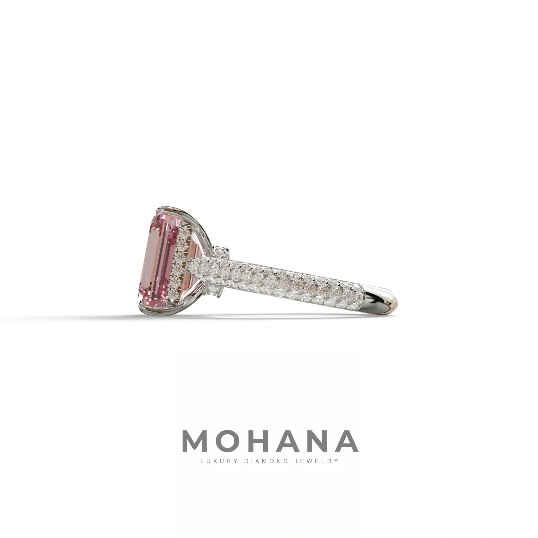 3 Carat Pink Emerald Cut Hidden Halo & Pave Set Lab Diamond Ring - Emme
