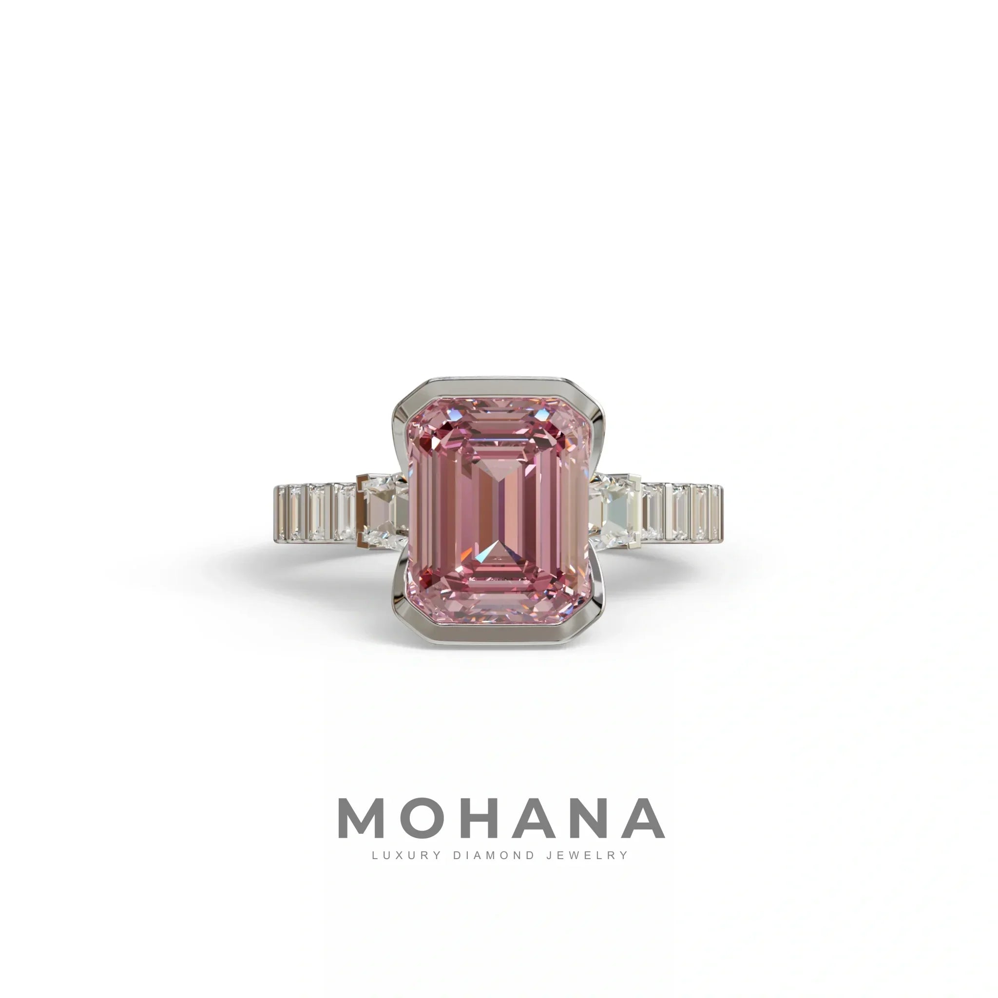 3 Carat Pink Emerald Cut Three Stone Lab Diamond Engagement Ring | Bezel Set Ring- Gatsby - 10K Solid Gold / White Gold