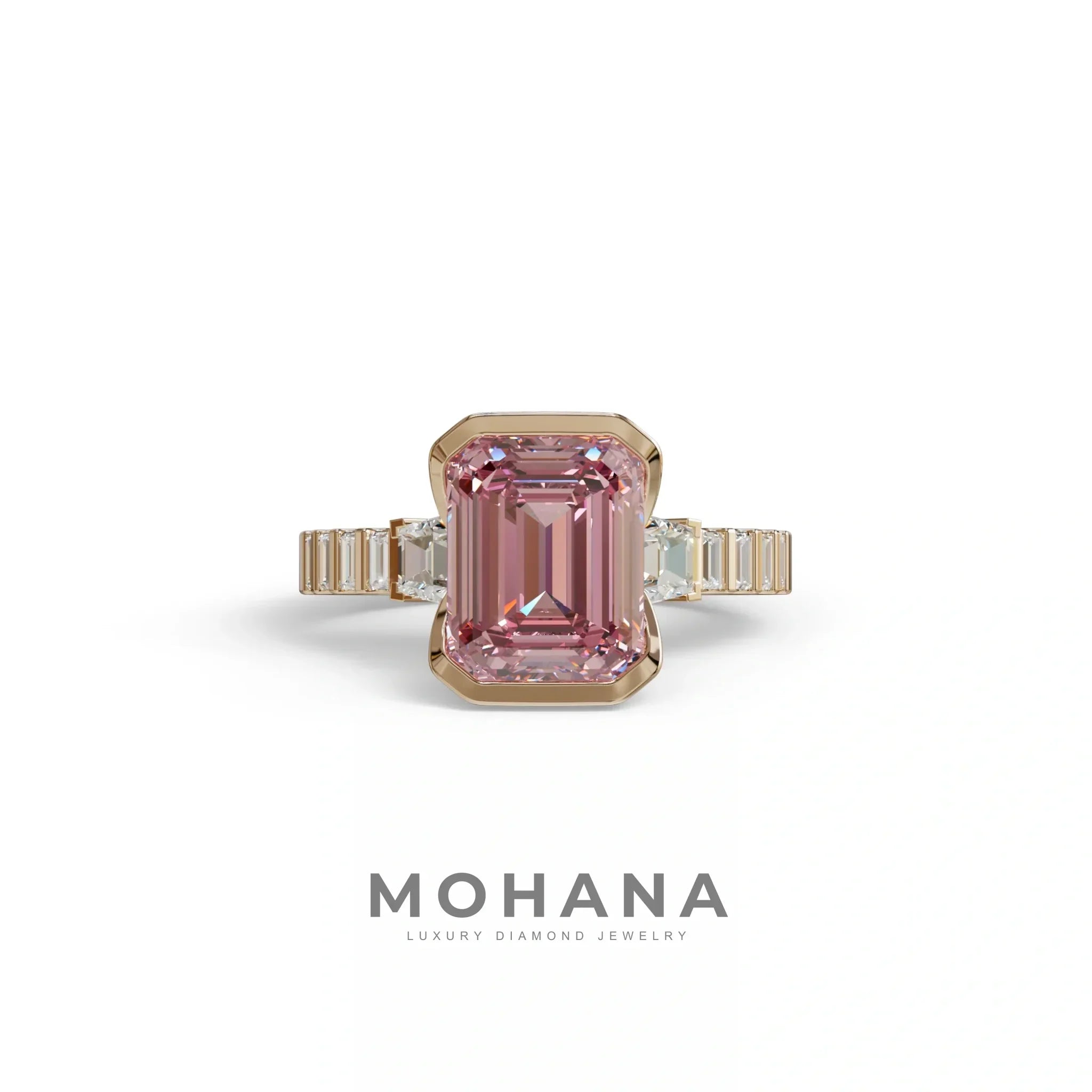 3 Carat Pink Emerald Cut Three Stone Lab Diamond Engagement Ring | Bezel Set Ring- Gatsby - 10K Solid Gold / Rose Gold