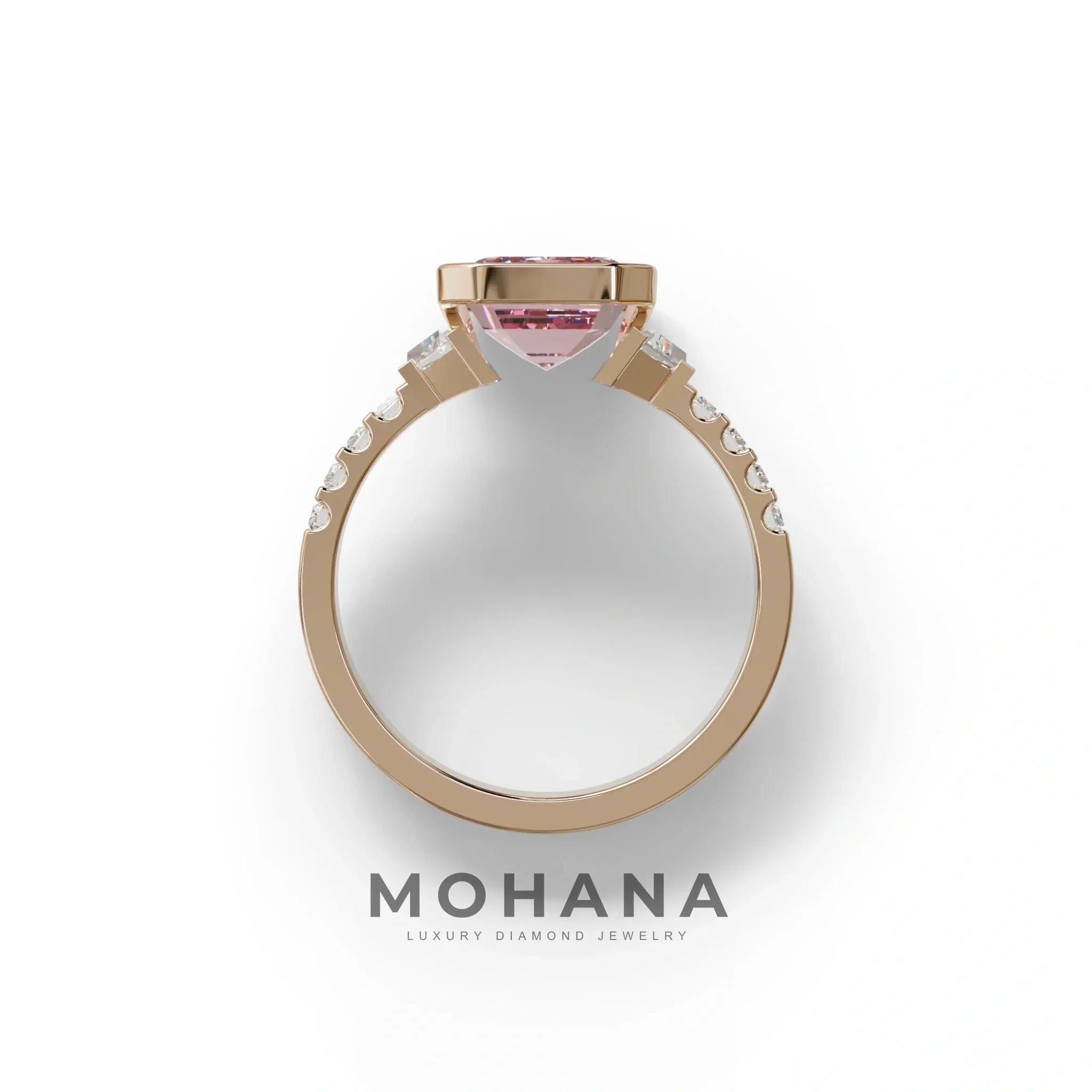 3 Carat Pink Emerald Cut Three Stone Lab Diamond Engagement Ring | Bezel Set Ring- Gatsby