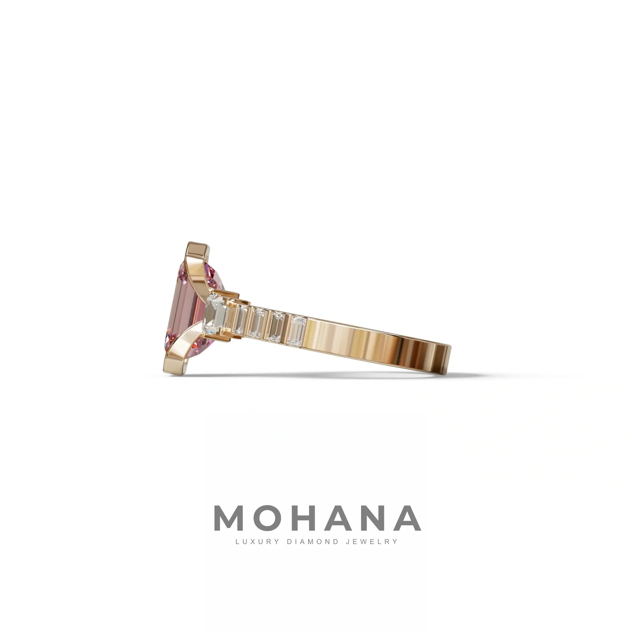 3 Carat Pink Emerald Cut Three Stone Lab Diamond Engagement Ring | Bezel Set Ring- Gatsby