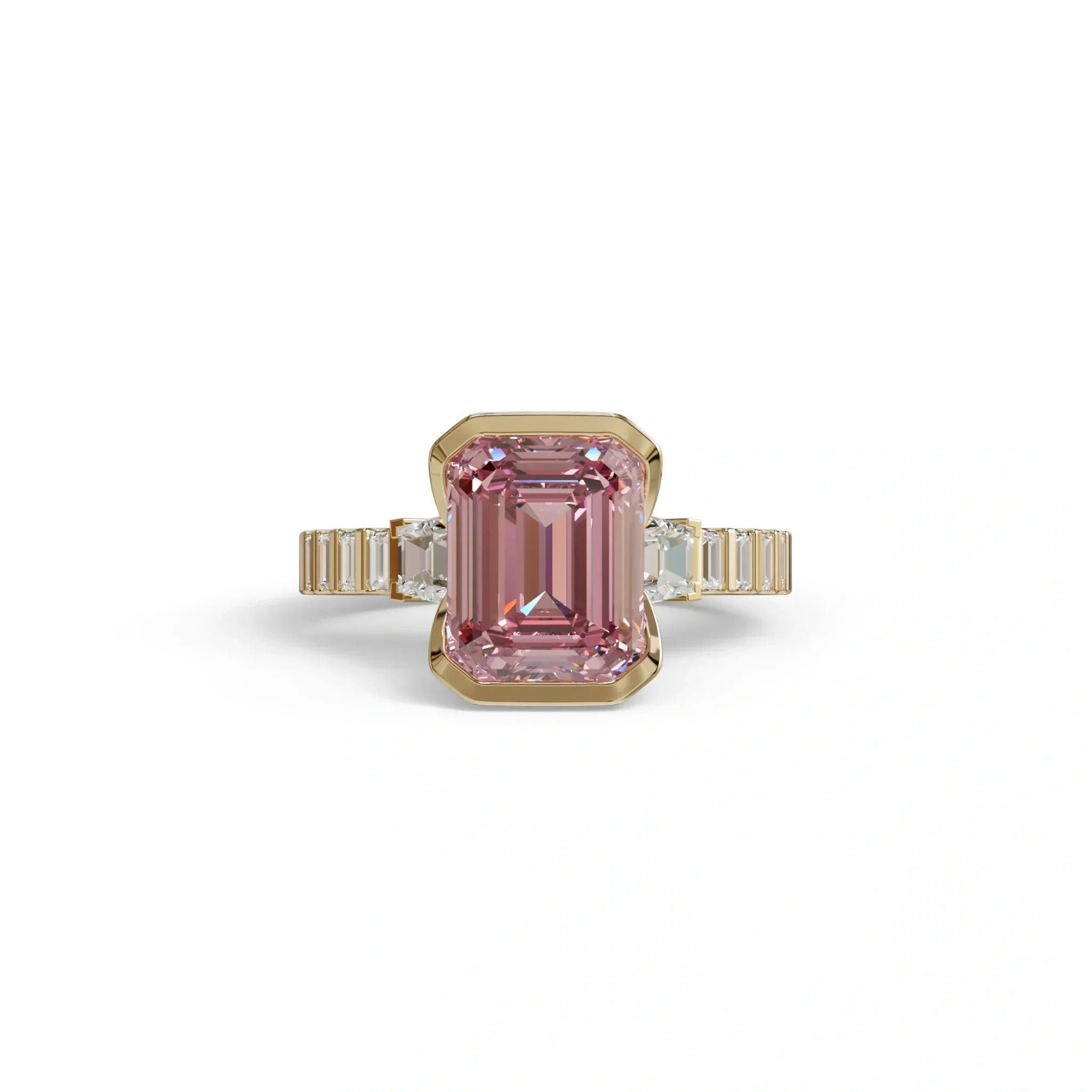 3 Carat Pink Emerald Cut Three Stone Lab Diamond Engagement Ring | Bezel Set Ring- Gatsby - 10K Solid Gold / Yellow Gold