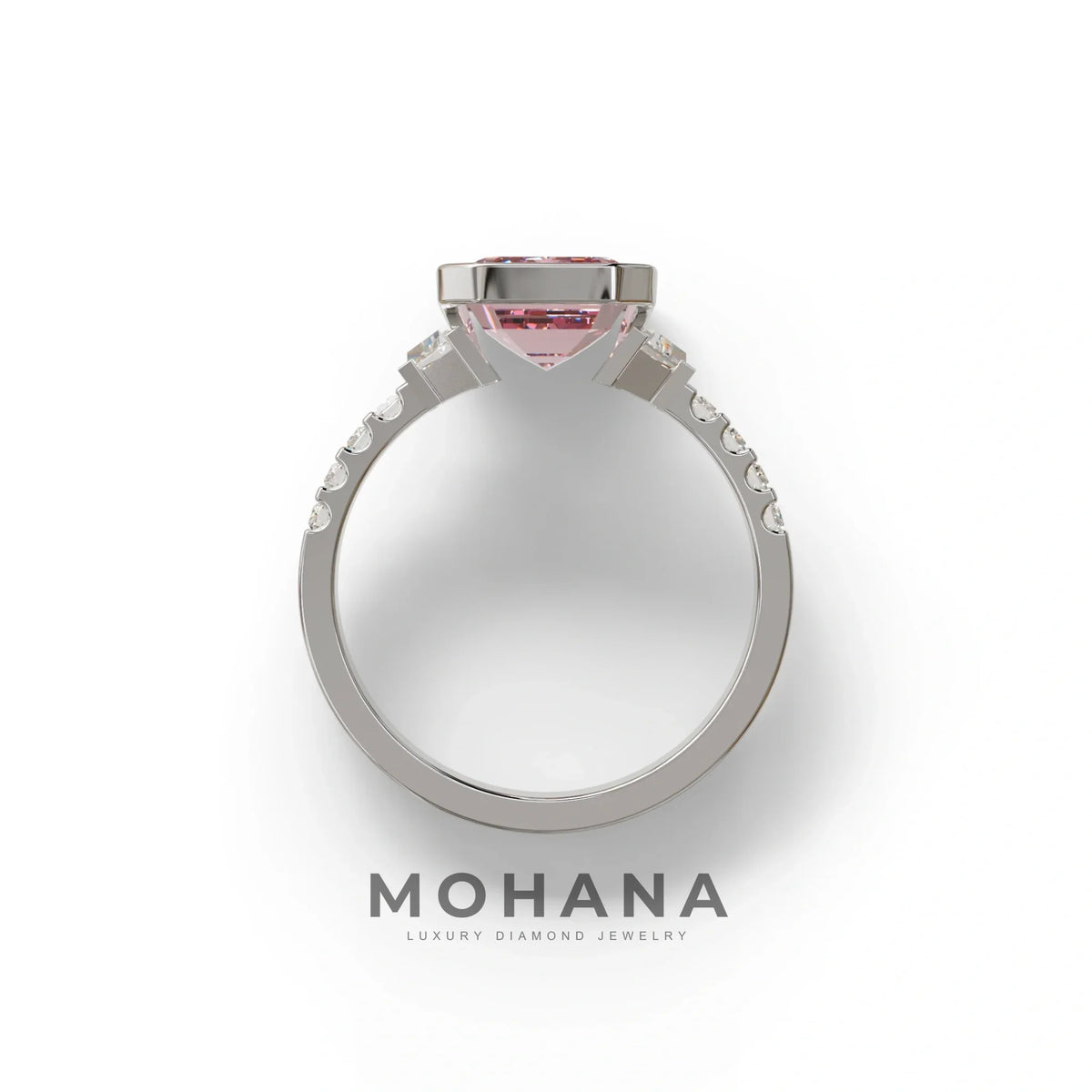 3 Carat Pink Emerald Cut Three Stone Lab Diamond Engagement Ring | Bezel Set Ring- Gatsby