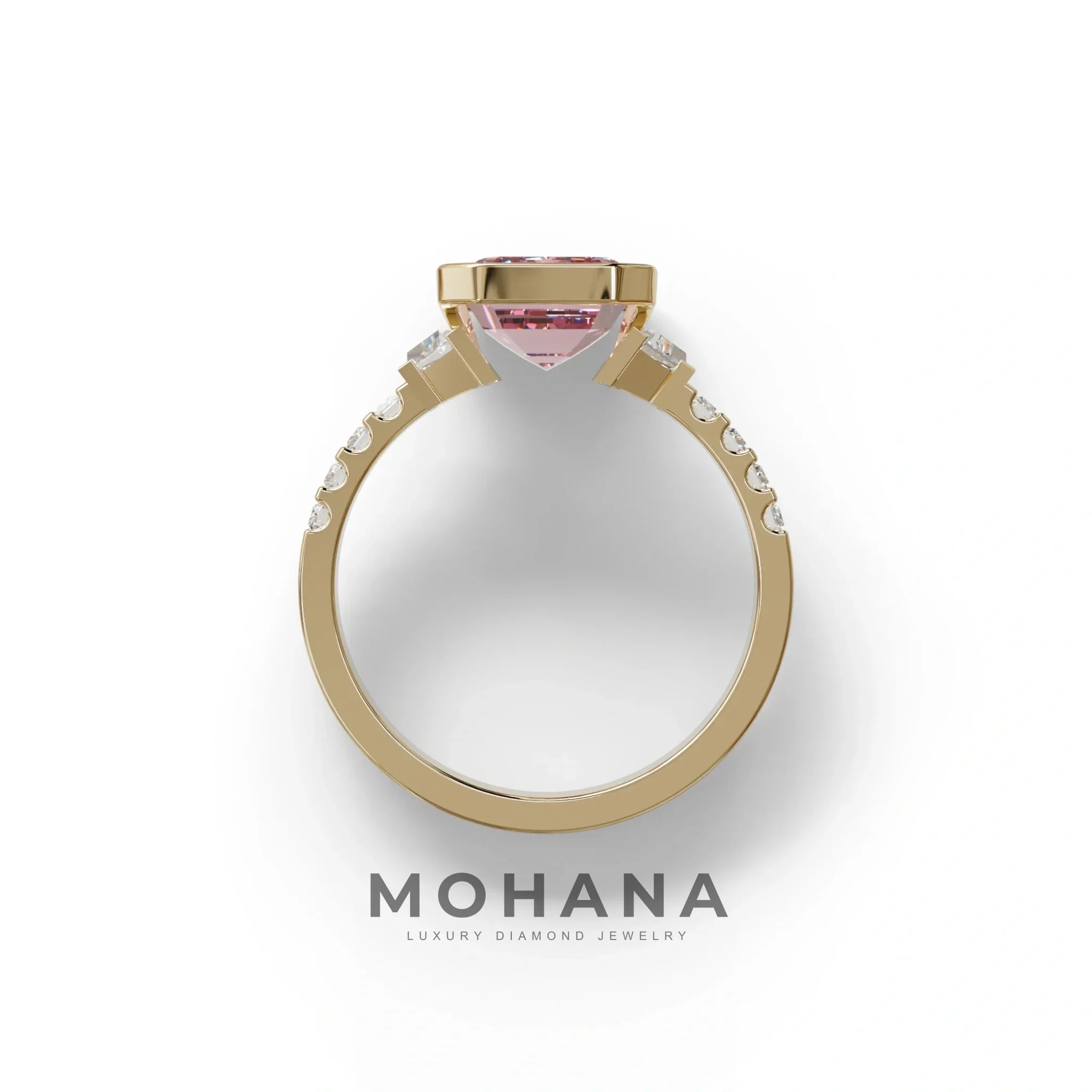 3 Carat Pink Emerald Cut Three Stone Lab Diamond Engagement Ring | Bezel Set Ring- Gatsby