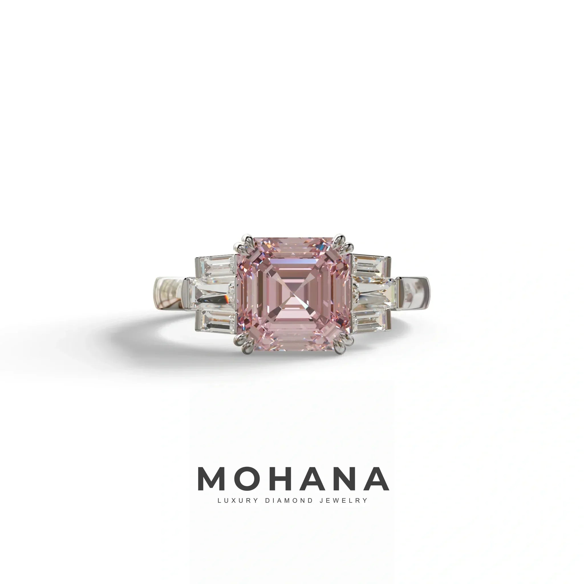 3 Ct Pink Asscher Cut Lab Diamond Double Claw Prong Setting - Celestial - 10K Solid Gold / White Gold