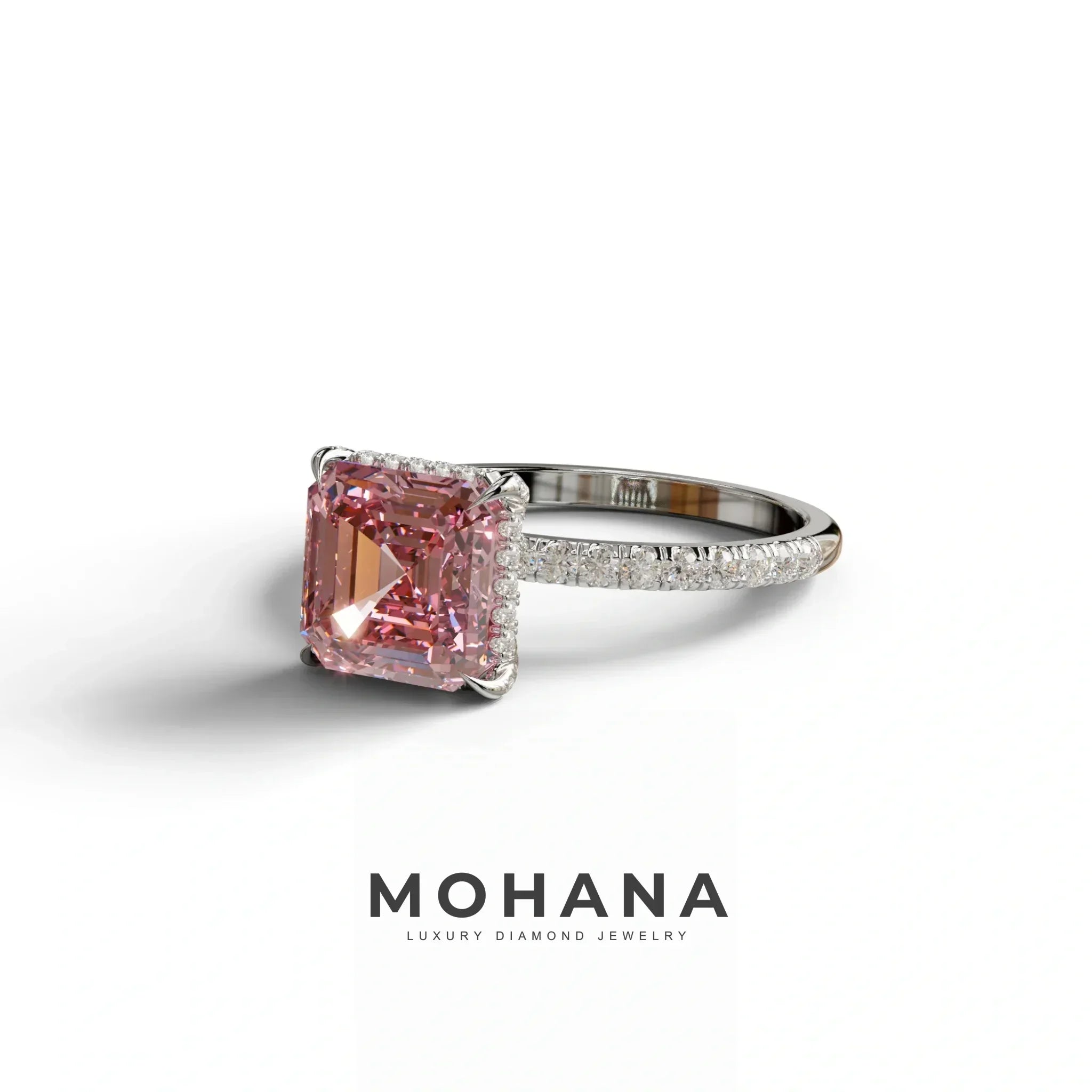 3 Carat Pink Asscher Cut Hidden Halo & Pave Lab Grown Diamond Ring