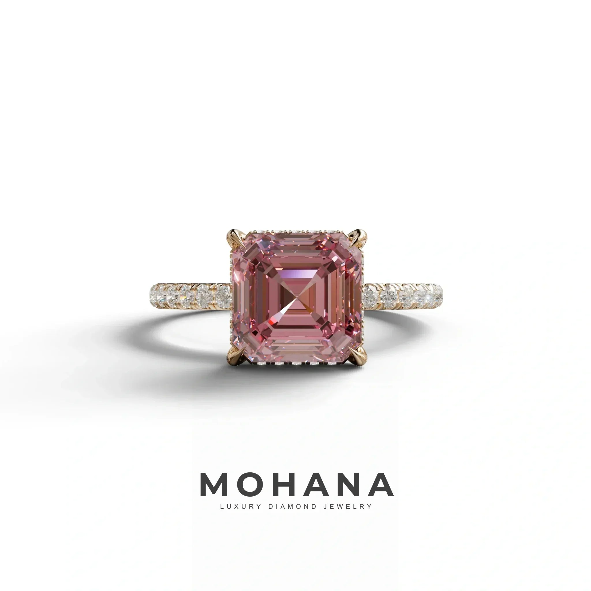 3 Carat Pink Asscher Cut Hidden Halo & Pave Lab Grown Diamond Ring - 10K Solid Gold / Rose Gold