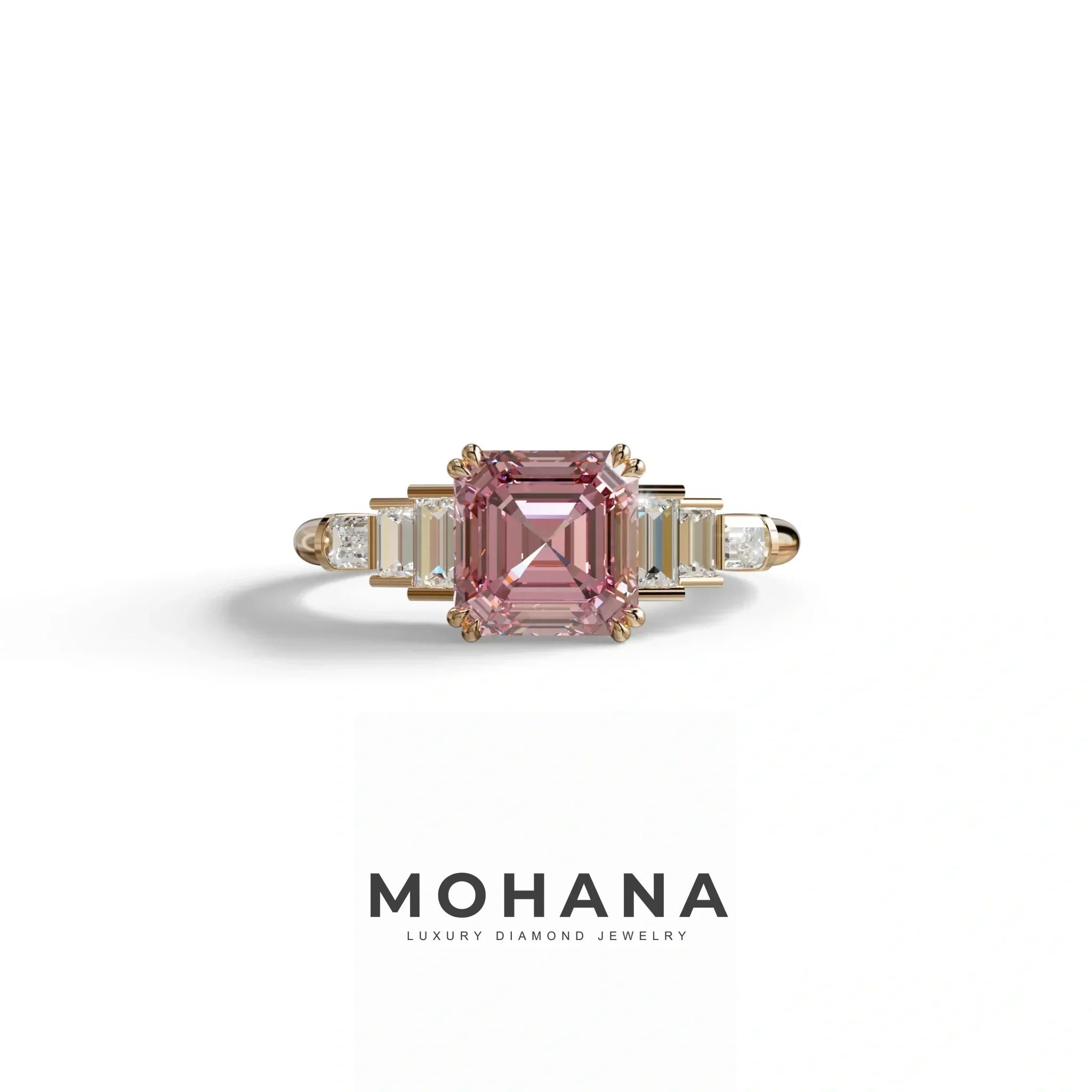 3 Carat Pink Asscher Three Stone Lab grown Diamond Ring - Vetra - 10K Solid Gold / Rose Gold