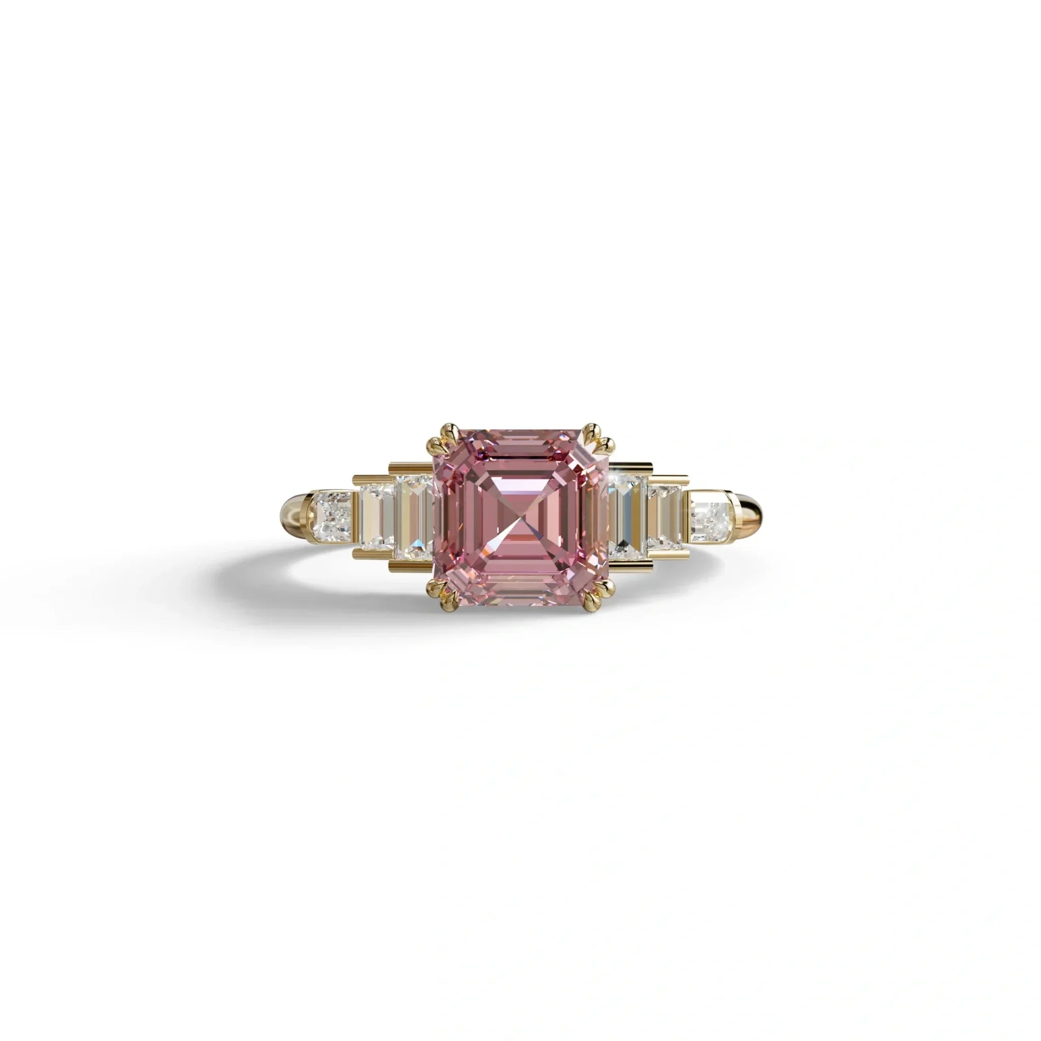 3 Carat Pink Asscher Three Stone Lab grown Diamond Ring - Vetra - 10K Solid Gold / Yellow Gold