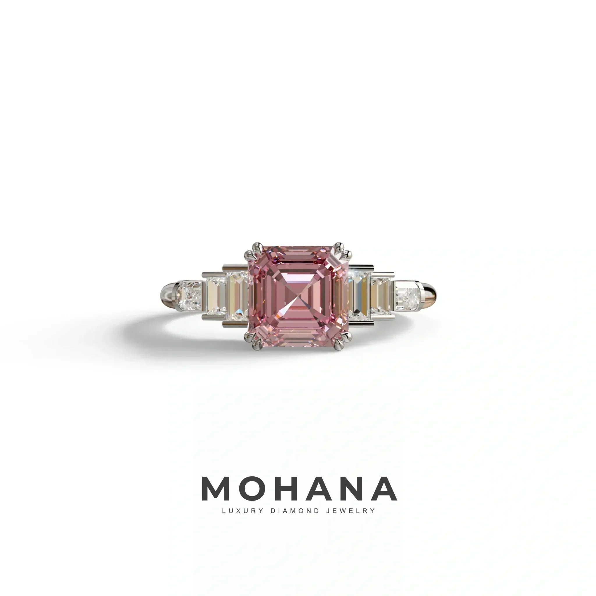 3 Carat Pink Asscher Three Stone Lab grown Diamond Ring - Vetra - 10K Solid Gold / White Gold