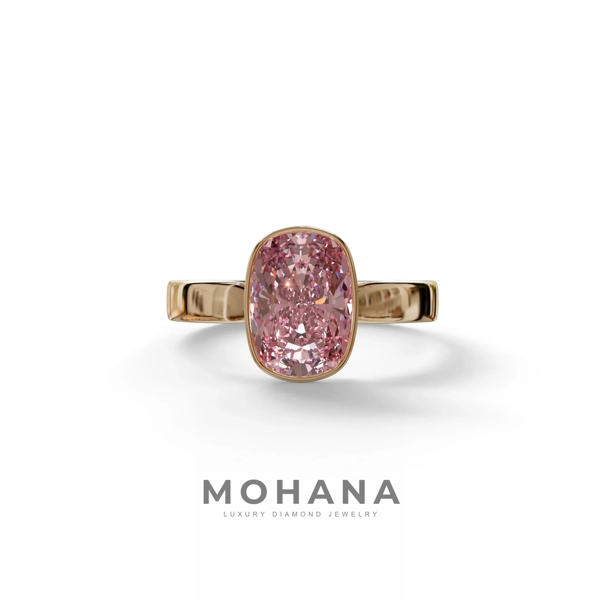 3 Carat Pink Elongated Cushion Cut Bezel Set Engagement Ring - Astrae - 10K Solid Gold / Rose Gold