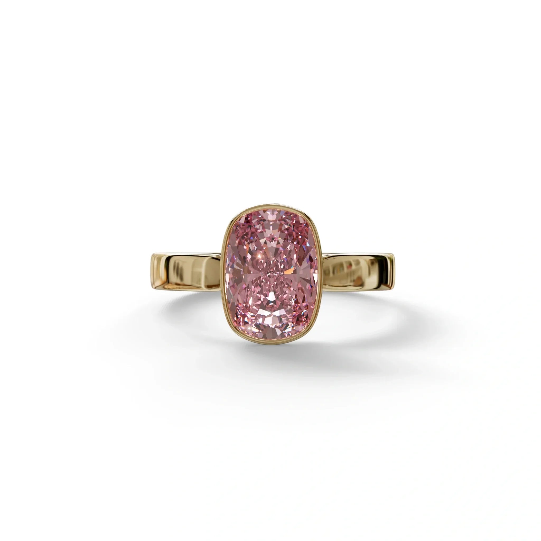 3 Carat Pink Elongated Cushion Cut Bezel Set Engagement Ring - Astrae - 10K Solid Gold / Yellow Gold
