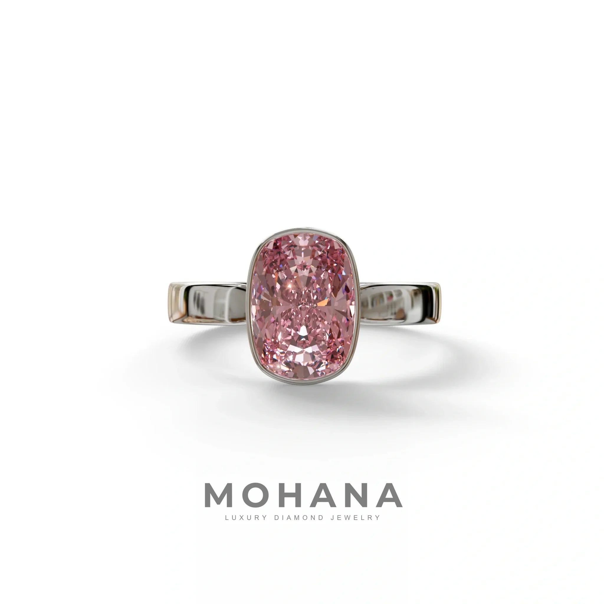 3 Carat Pink Elongated Cushion Cut Bezel Set Engagement Ring - Astrae - 10K Solid Gold / White Gold