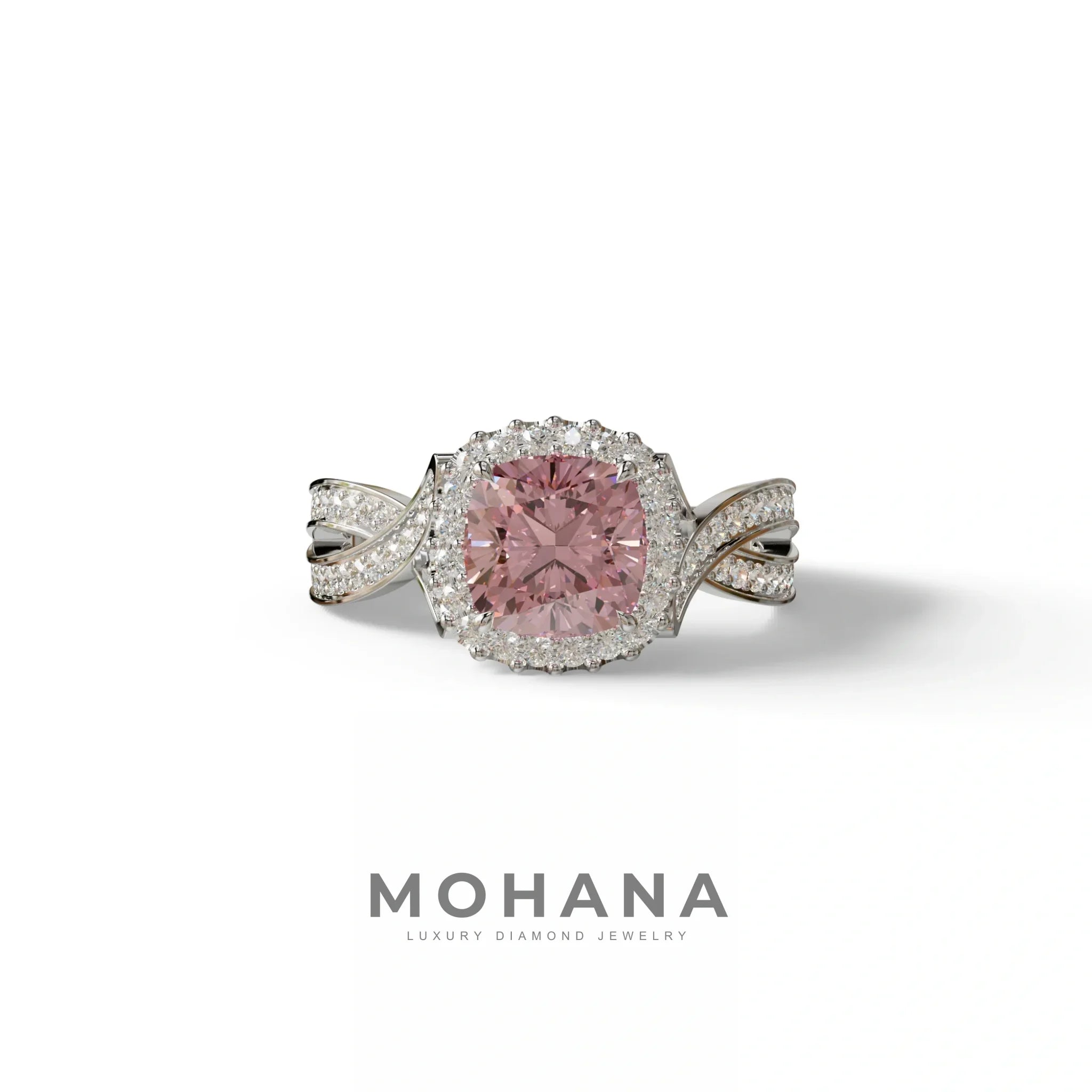 3 Carat Pink Cushion Cut Lab Grown Halo Diamond Engagement Ring - Odessa - 10K Solid Gold / White Gold