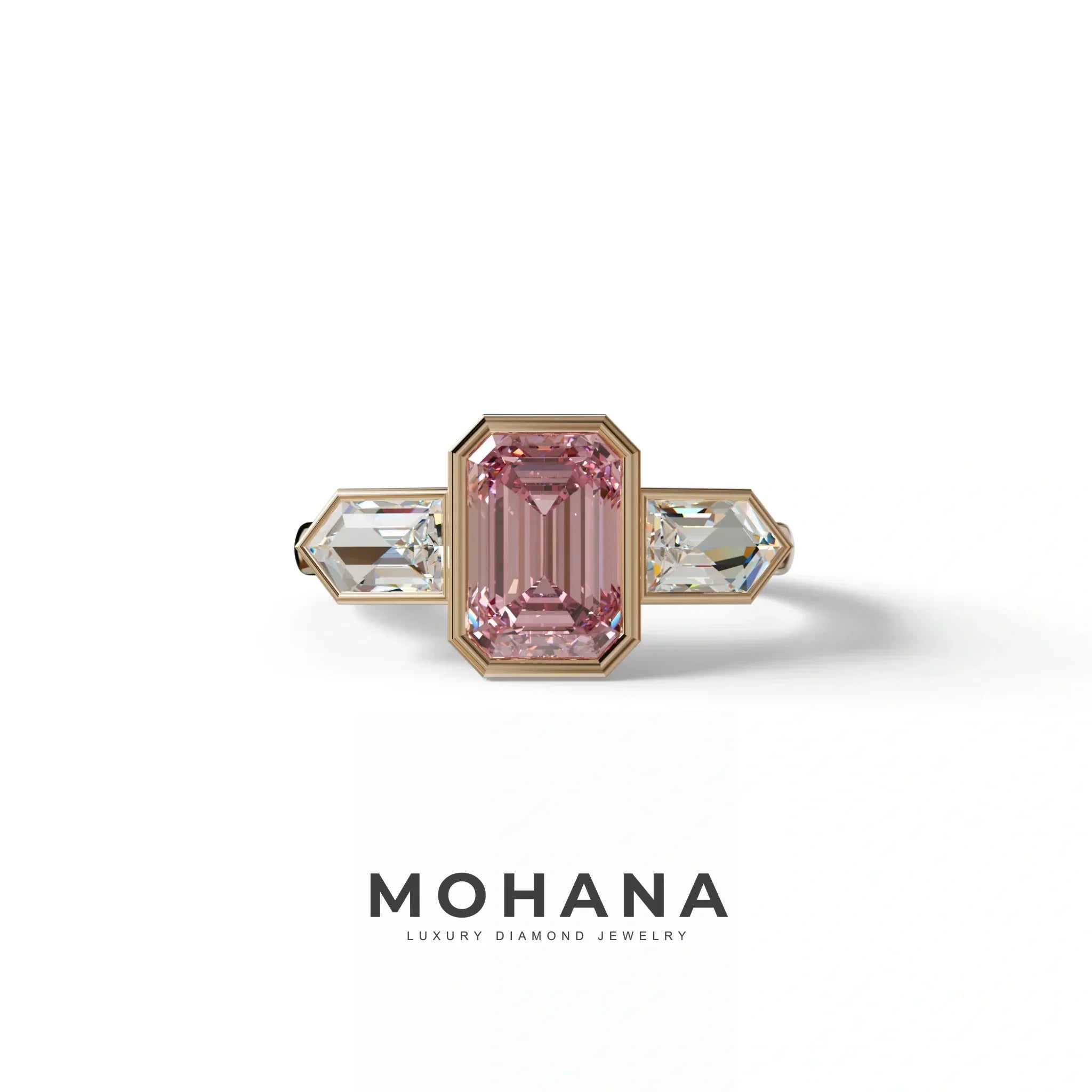 3 Ct Fancy Vivid Pink Emerald Cut Lab Diamond Ring - Lumons - 10K Solid Gold / Rose Gold