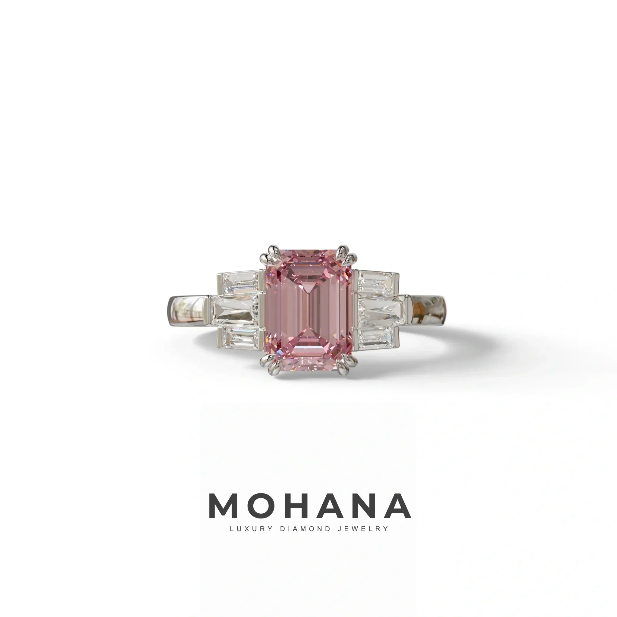 3 Carat Emerald Cut Pink Lab Grown Diamond Ring - Leela - 10K Solid Gold / White Gold