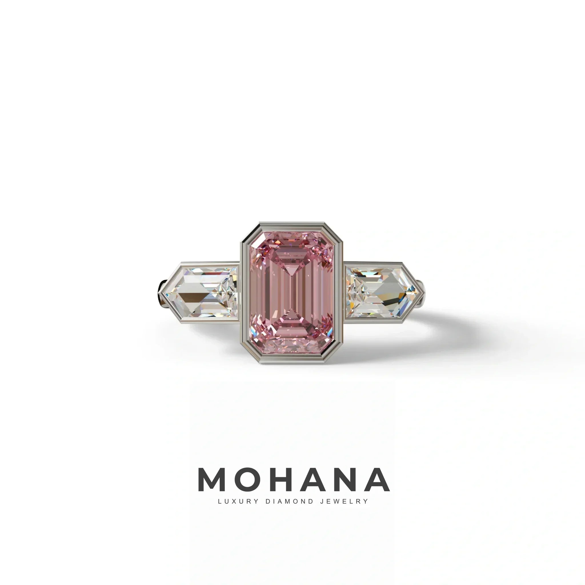 3 Ct Fancy Vivid Pink Emerald Cut Lab Diamond Ring - Lumons - 10K Solid Gold / White Gold