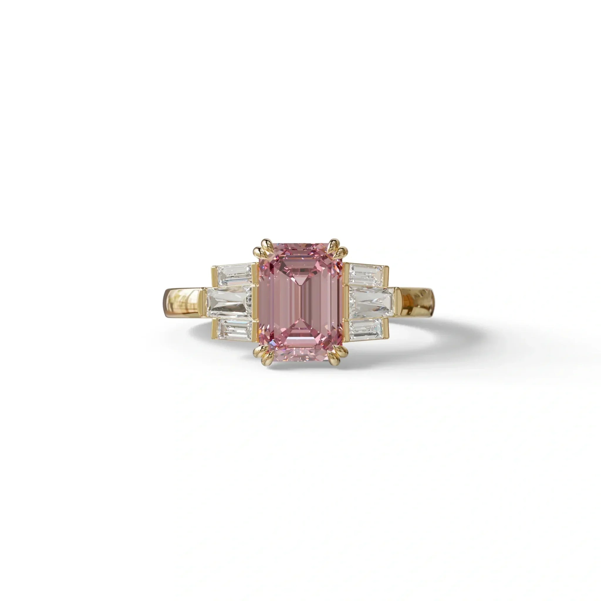 3 Carat Emerald Cut Pink Lab Grown Diamond Ring - Leela - 10K Solid Gold / Yellow Gold