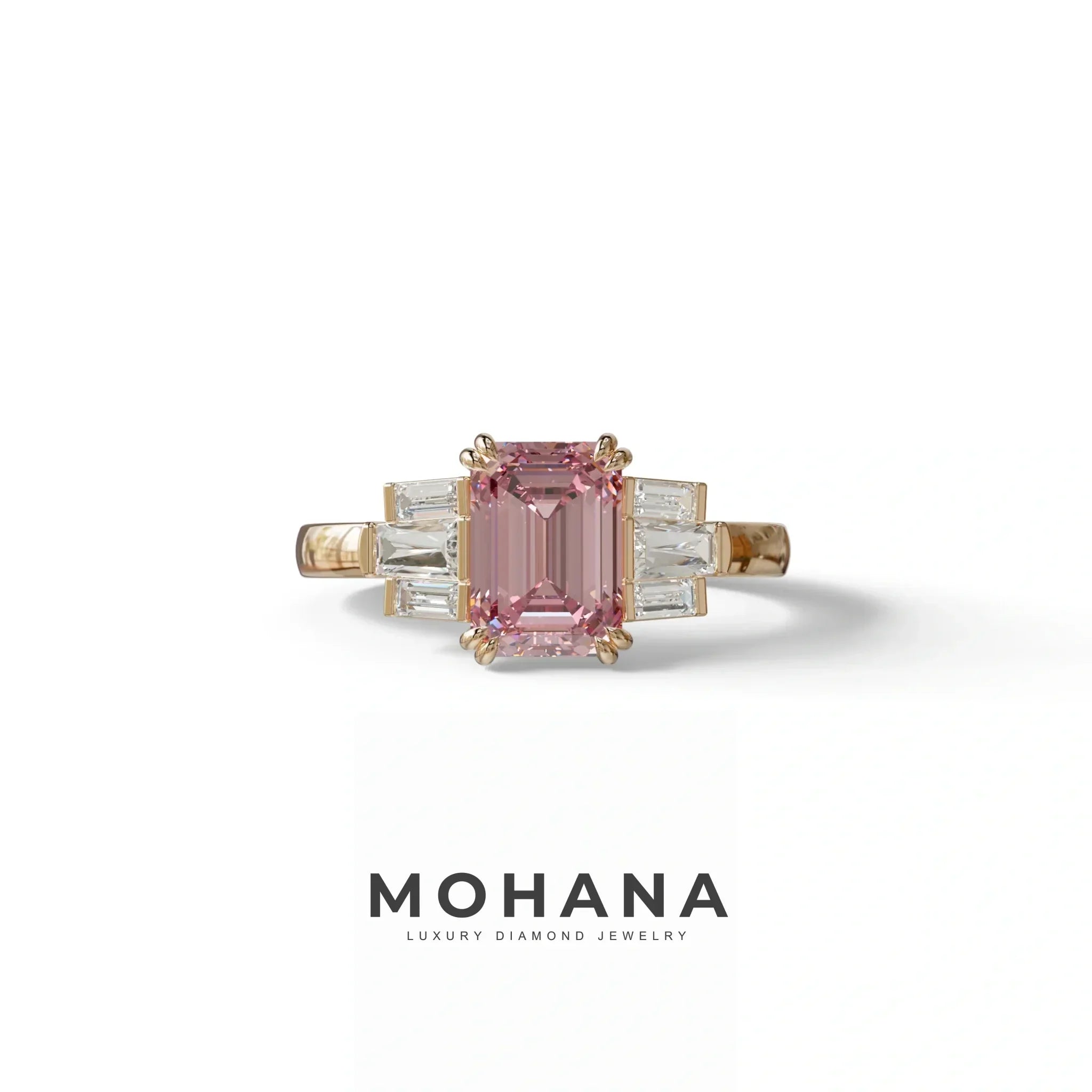 3 Carat Emerald Cut Pink Lab Grown Diamond Ring - Leela - 10K Solid Gold / Rose Gold