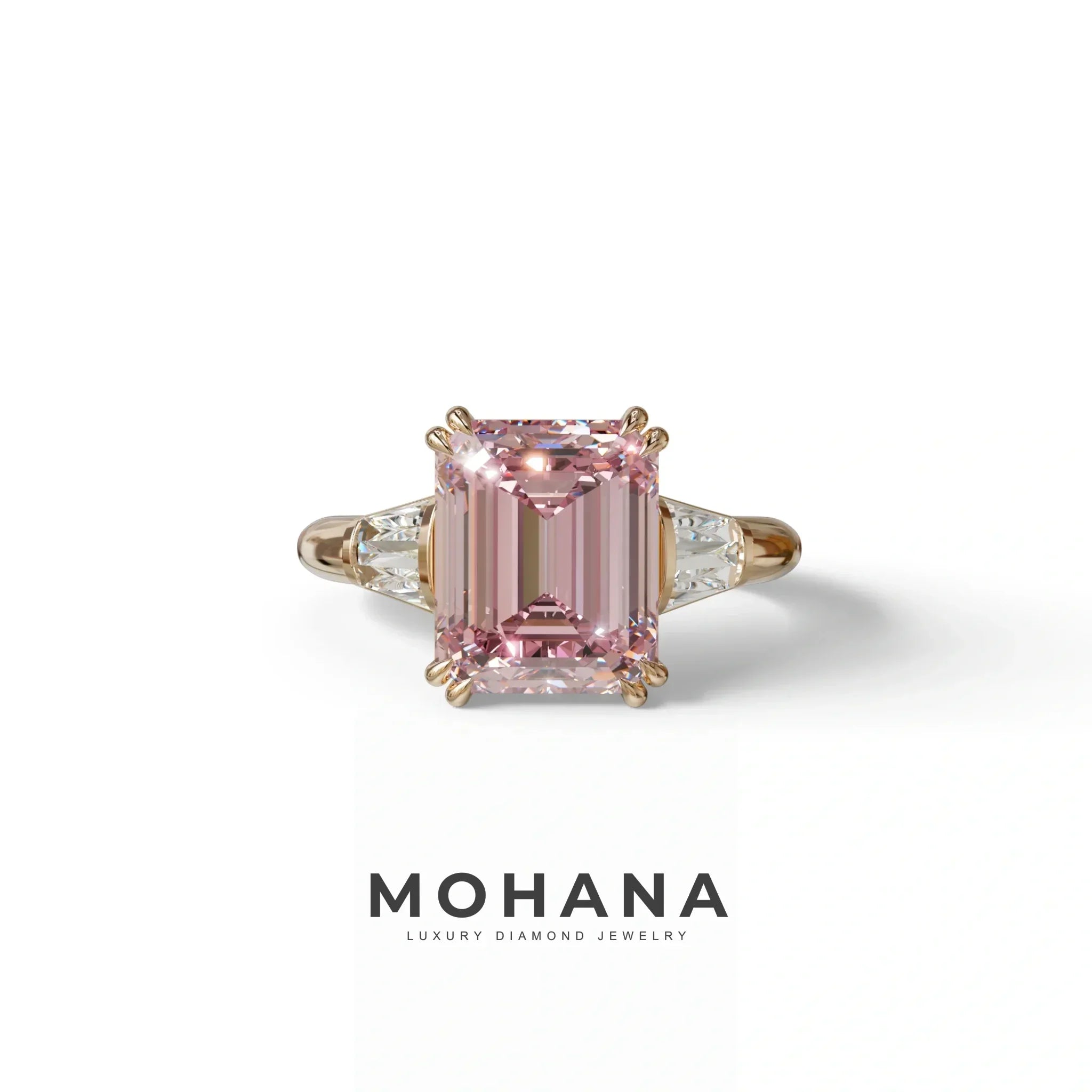 3 Carat Pink Emerald & Baguette Cut Multi Stone Lab Diamond Ring - Lami - 10K Solid Gold / Rose Gold