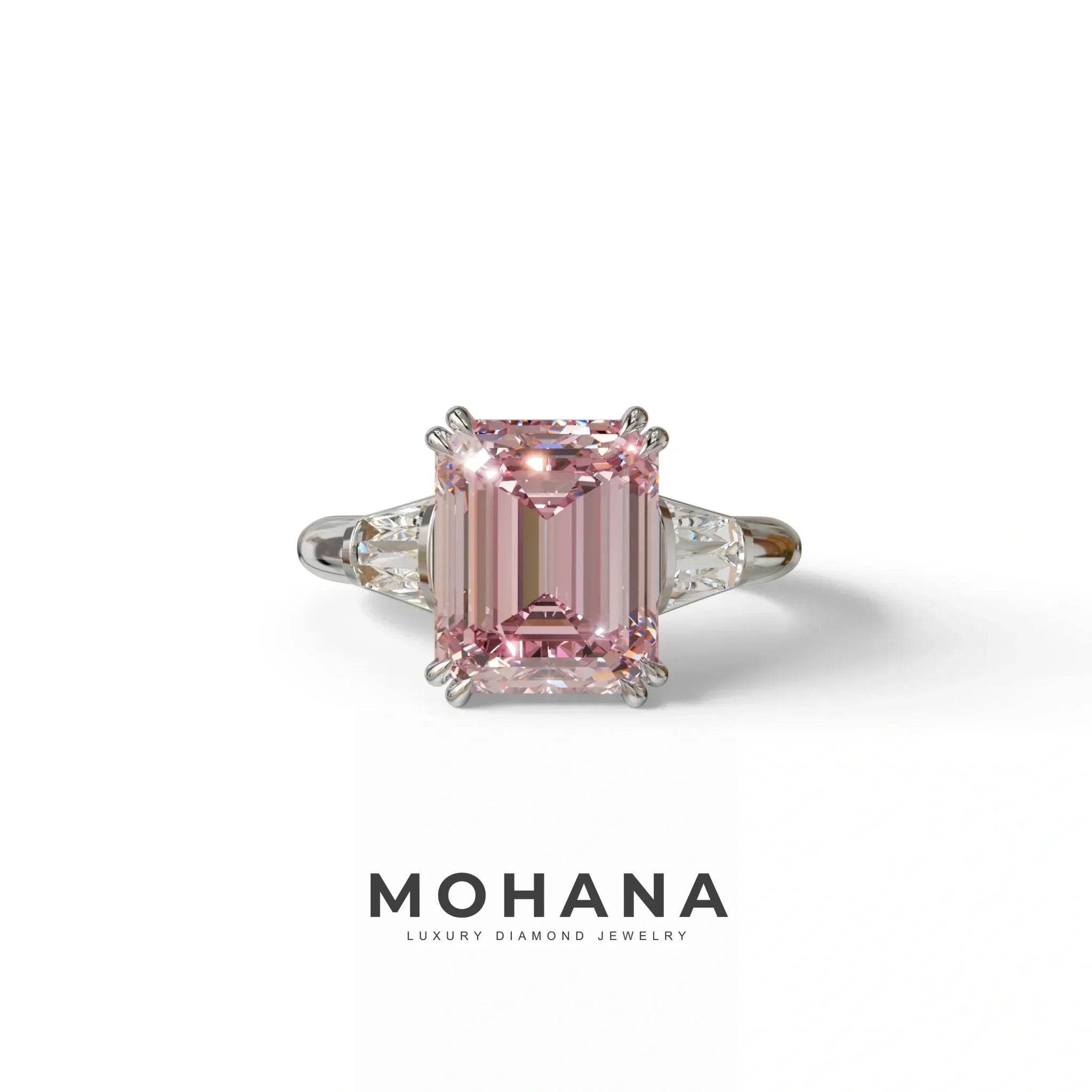 3 Carat Pink Emerald & Baguette Cut Multi Stone Lab Diamond Ring - Lami - 10K Solid Gold / White Gold