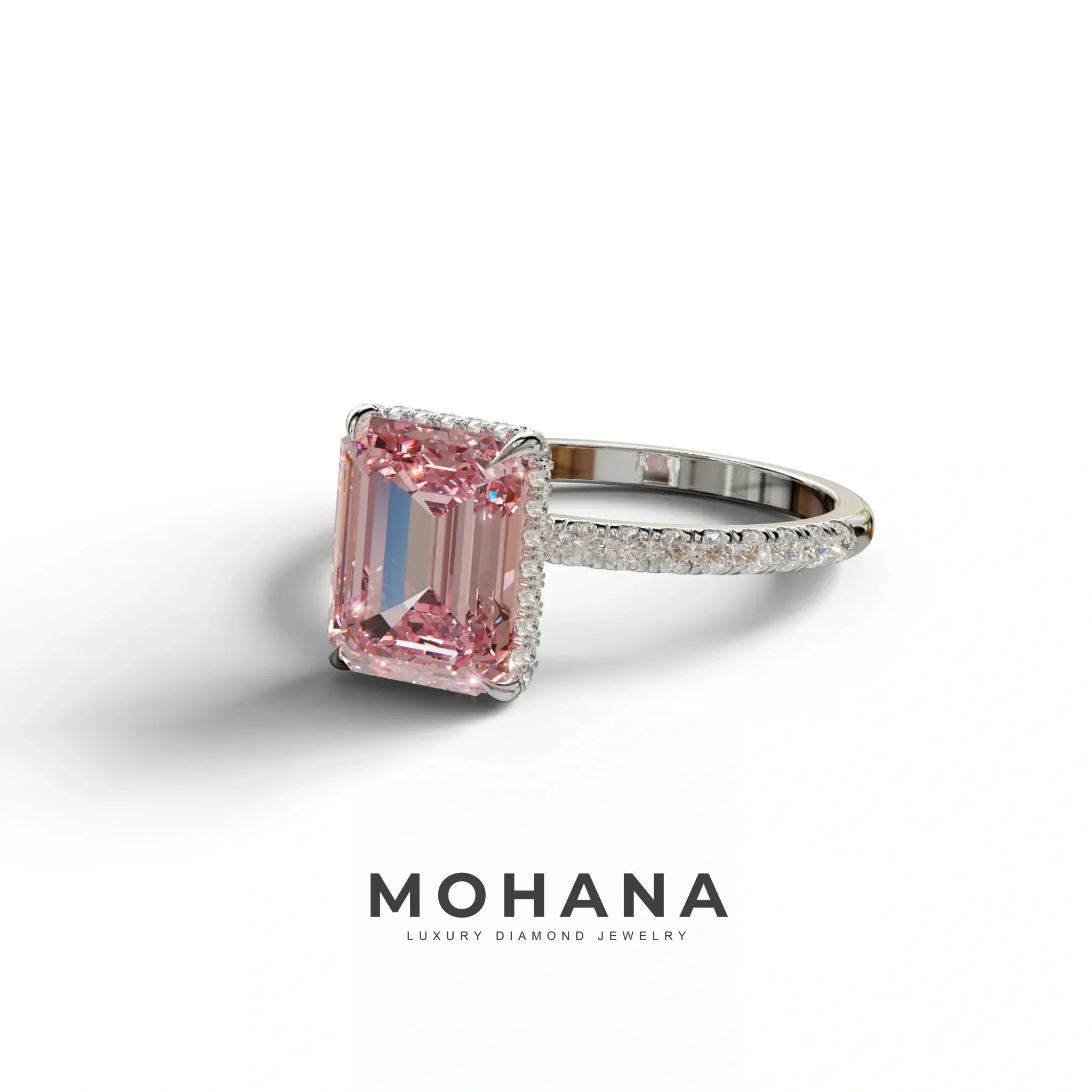 3 Carat Pink Emerald Cut Lab Diamond In Hidden Halo & Pave Setting Ring
