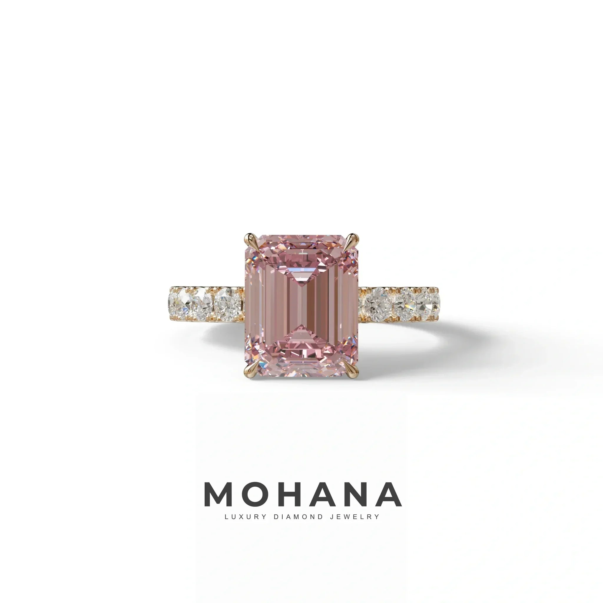 3 Carat Pink Emerald Cut Hidden Halo Lab Diamond Engagement Ring - Luminary - 10K Solid Gold / Rose Gold