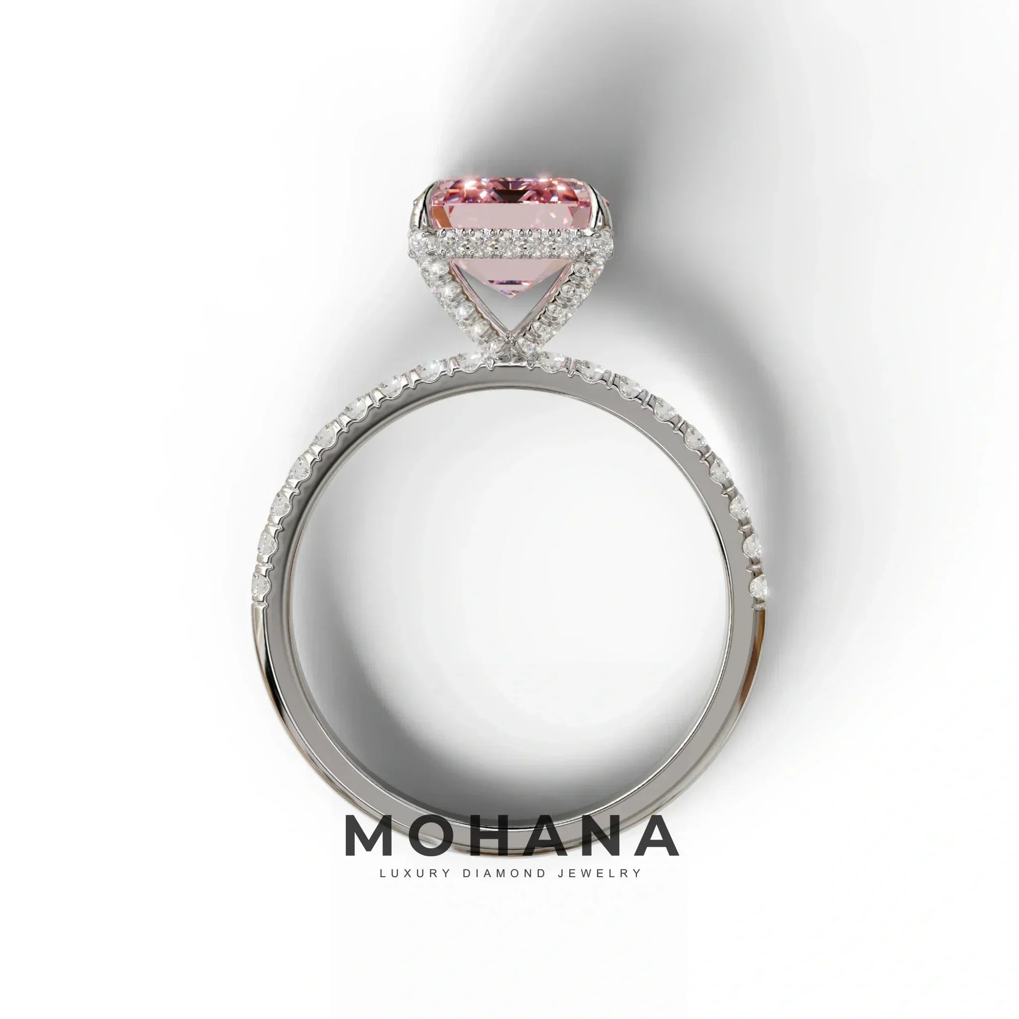 3 Carat Pink Emerald Cut Lab Diamond In Hidden Halo & Pave Setting Ring
