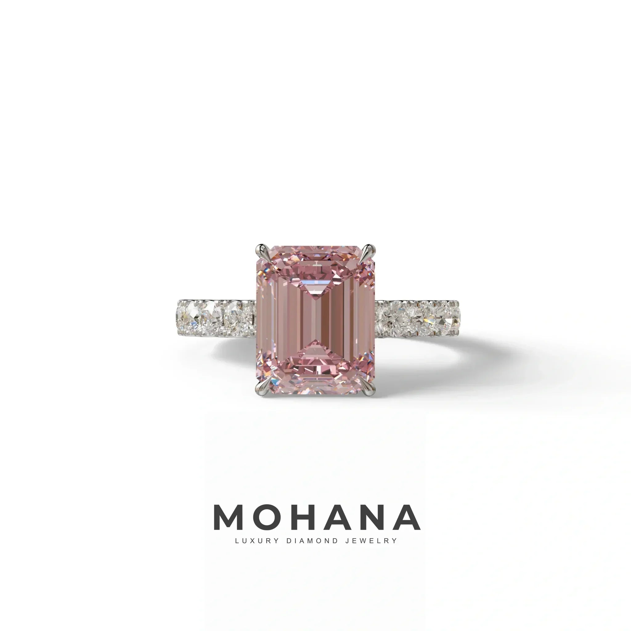 3 Carat Pink Emerald Cut Hidden Halo Lab Diamond Engagement Ring - Luminary - 10K Solid Gold / White Gold