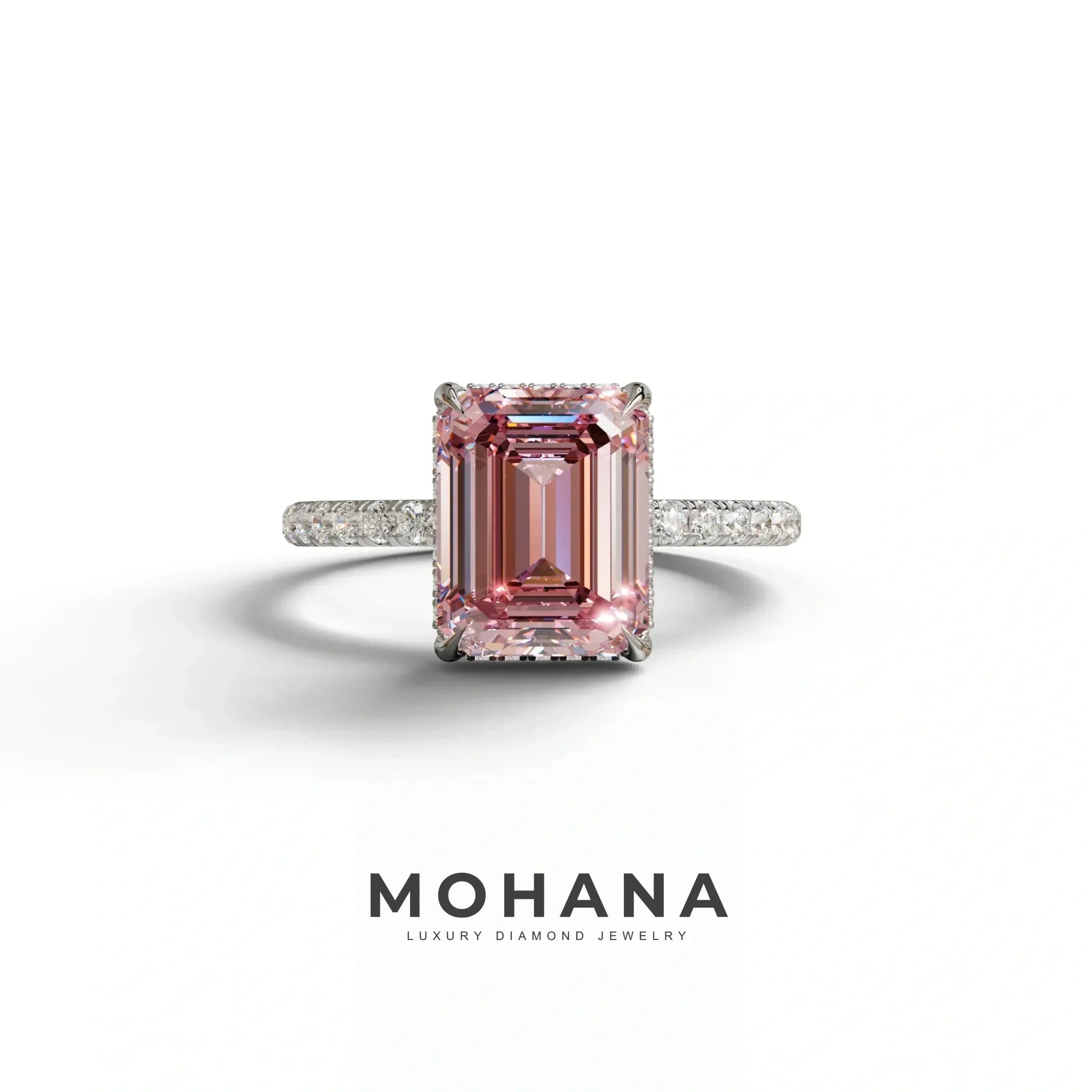 3 Carat Pink Emerald Cut Lab Diamond In Hidden Halo & Pave Setting Ring - 10K Solid Gold / White Gold